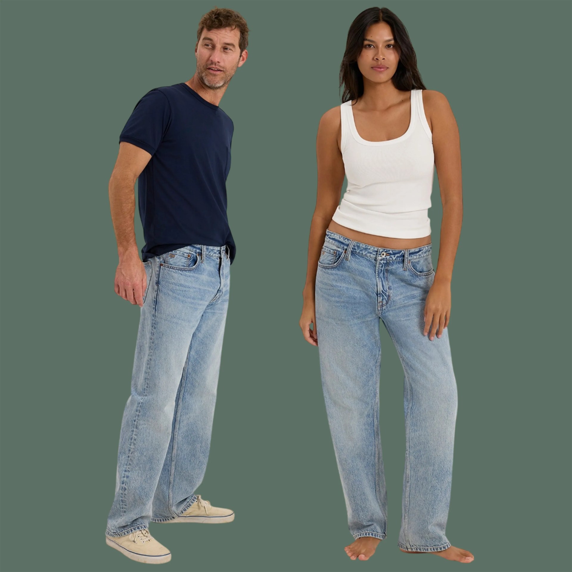 Two people wearing light blue straight-leg jeans, one paired with a navy t-shirt and beige sneakers, the other with a white tank top and barefoot.