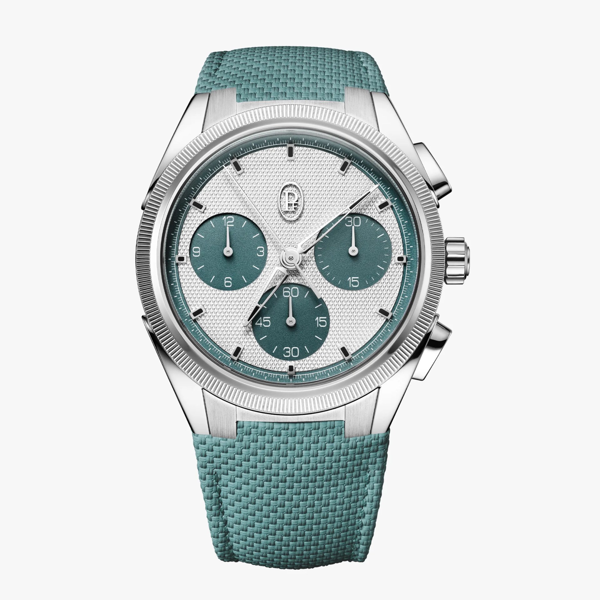 Silver chronograph watch with textured white and teal dial and teal woven strap.