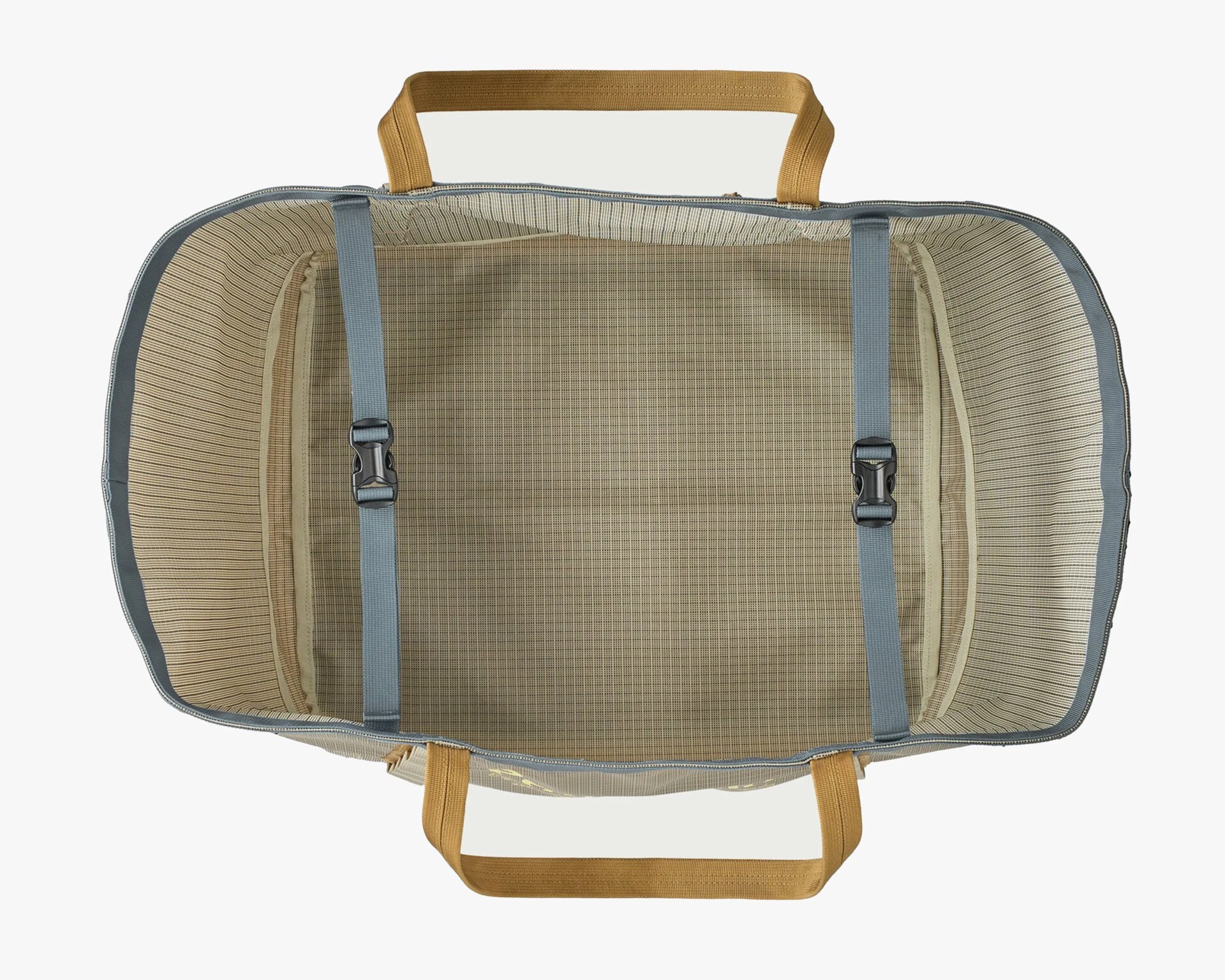 Open beige and blue striped suitcase with yellow handles and two blue adjustable straps inside.