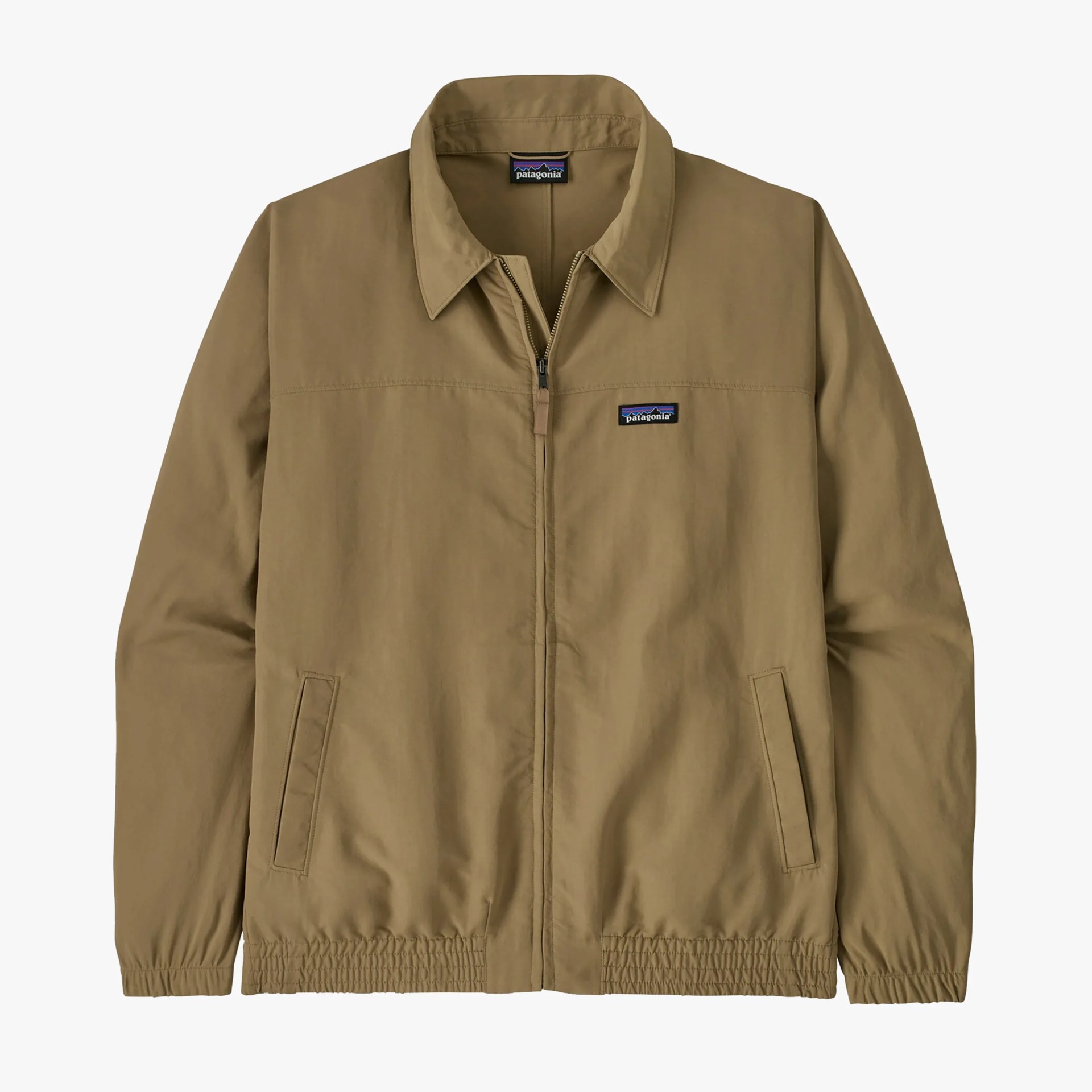 Light brown zip-up jacket with collar and Patagonia logo on the chest.