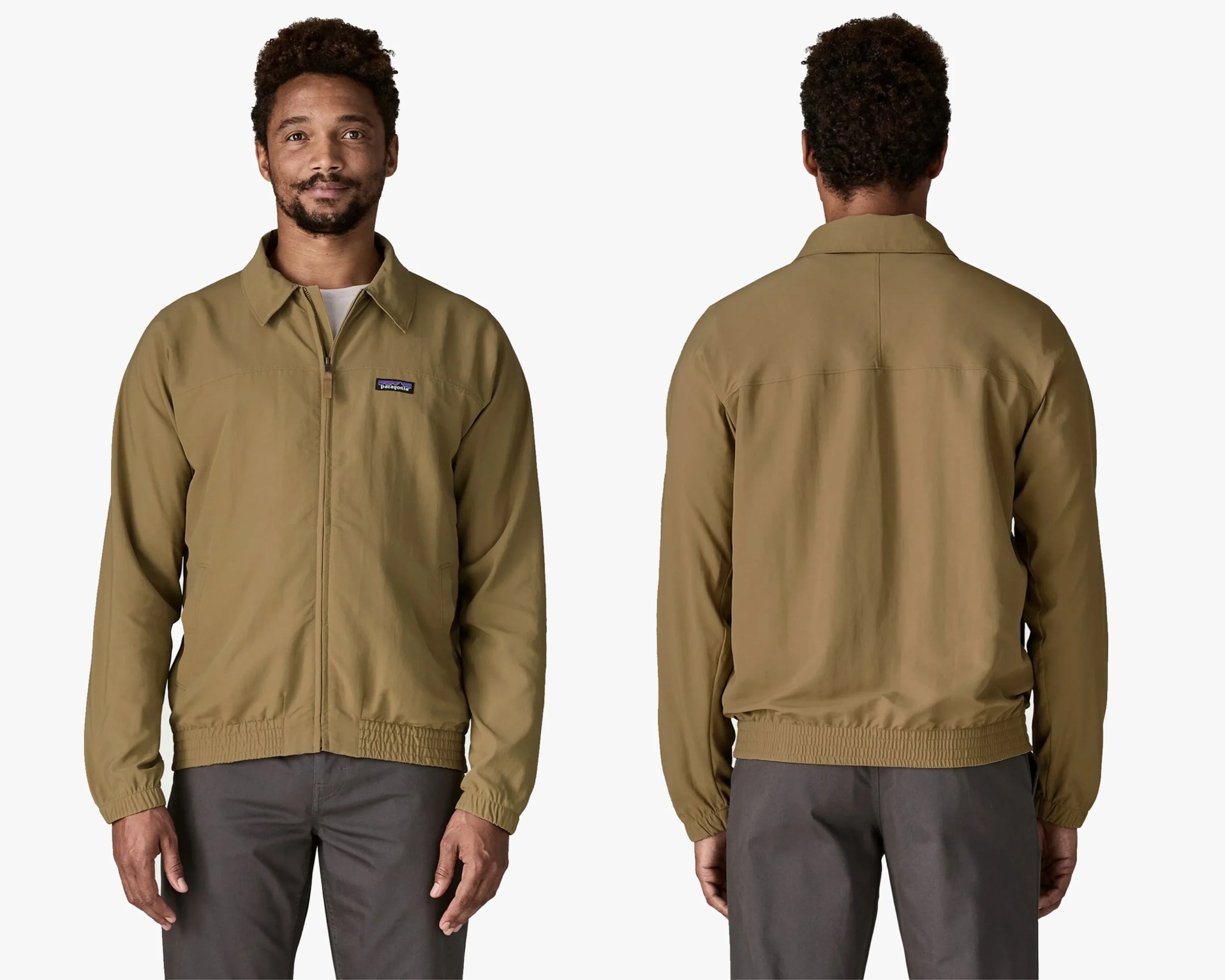 Light brown zip-up jacket with elastic cuffs and hem, shown from front and back.