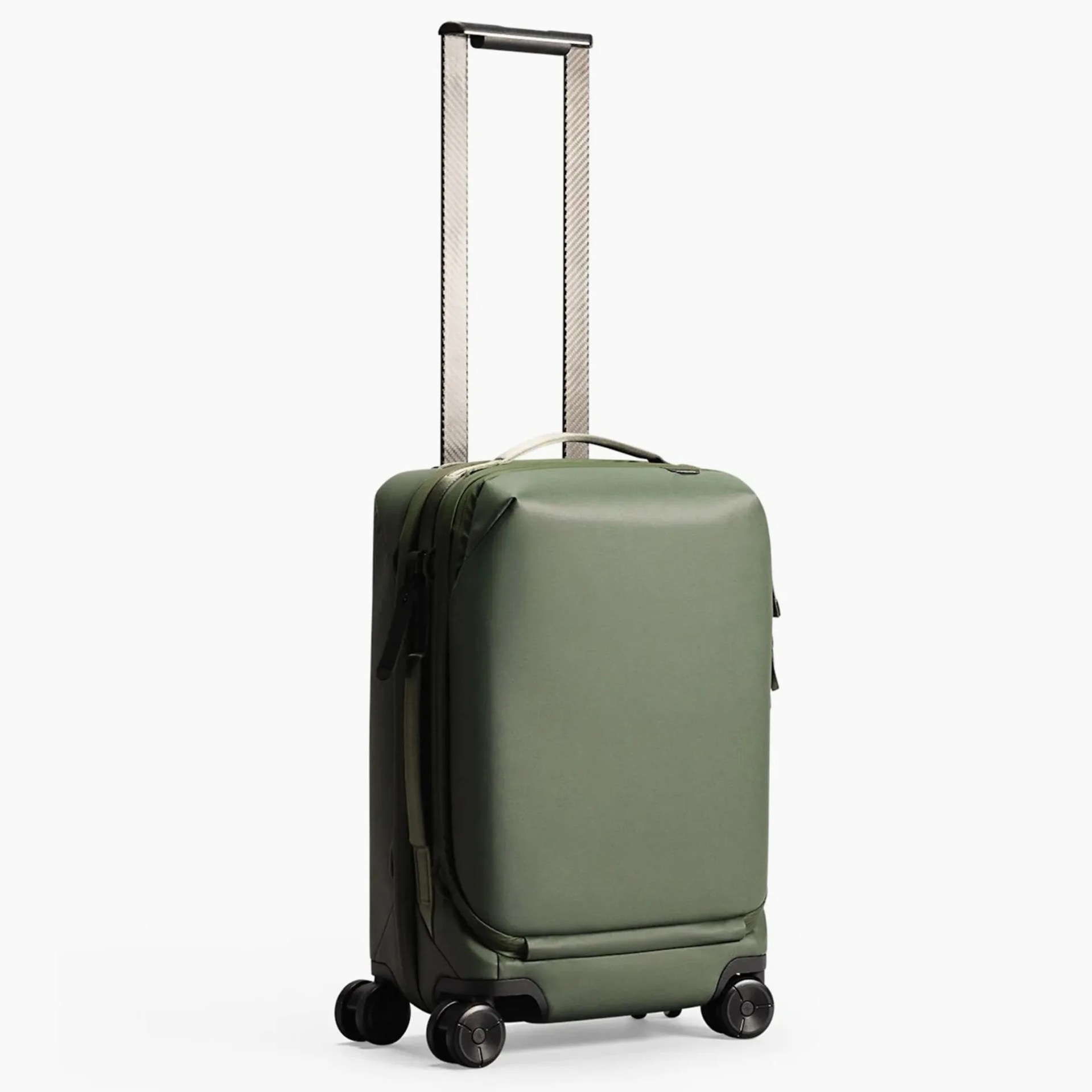 Olive green hard-shell suitcase with four black spinner wheels and extended telescopic handle.