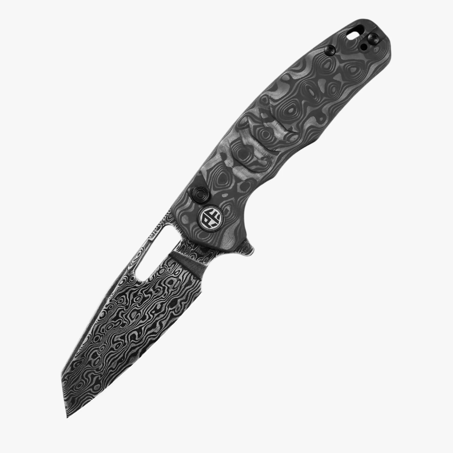 Folding knife with black and gray Damascus steel patterned blade and handle, featuring a thumb hole and clip.