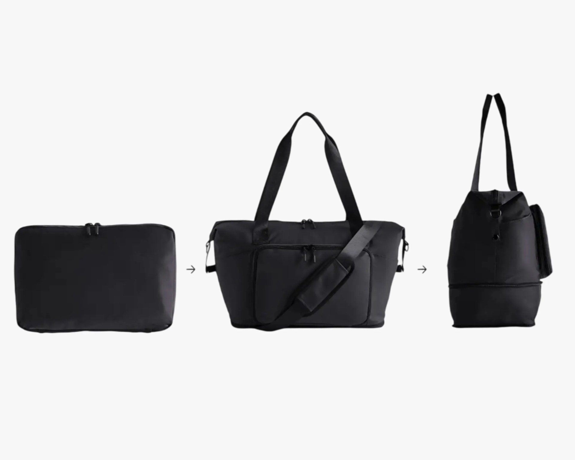 Black convertible bag shown folded flat, expanded with handles and shoulder strap, and viewed from the side.