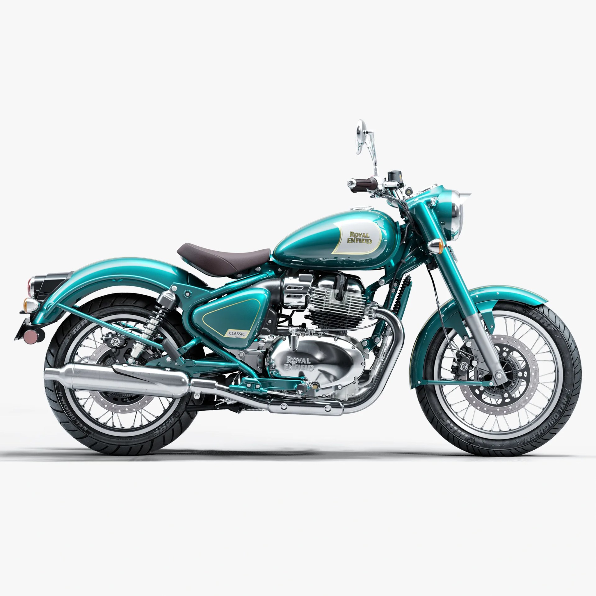 Teal Royal Enfield Classic motorcycle with chrome engine and exhaust on a white background.