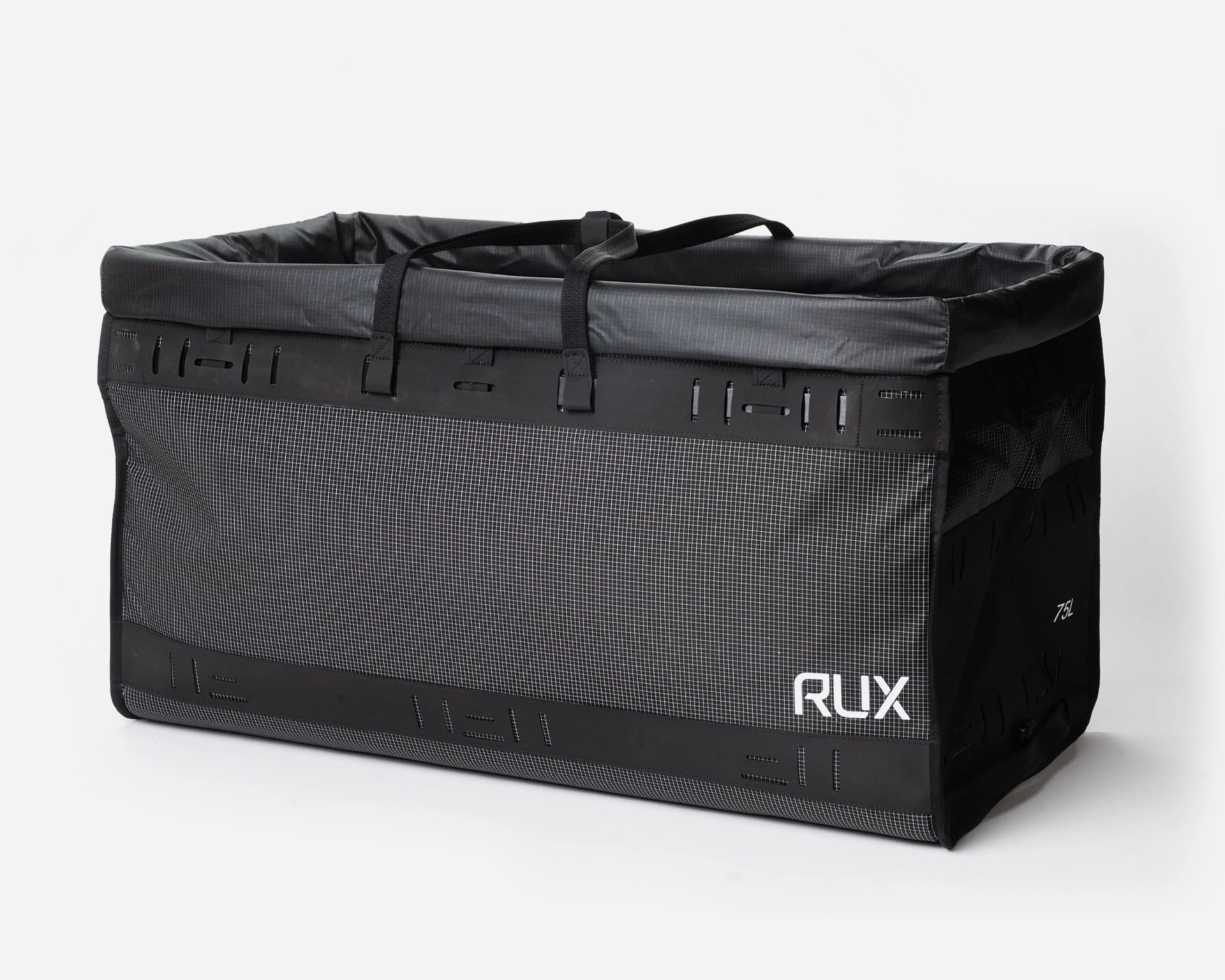 Large rectangular black and gray fabric storage bag with handles and "RUX" logo on the side.