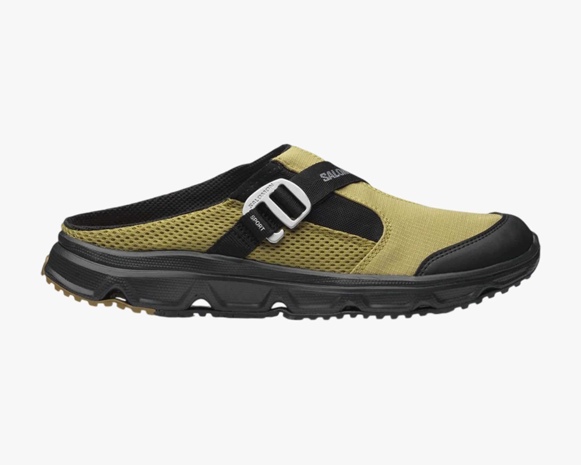 Olive green and black mesh slip-on sandal with adjustable strap and rugged sole.