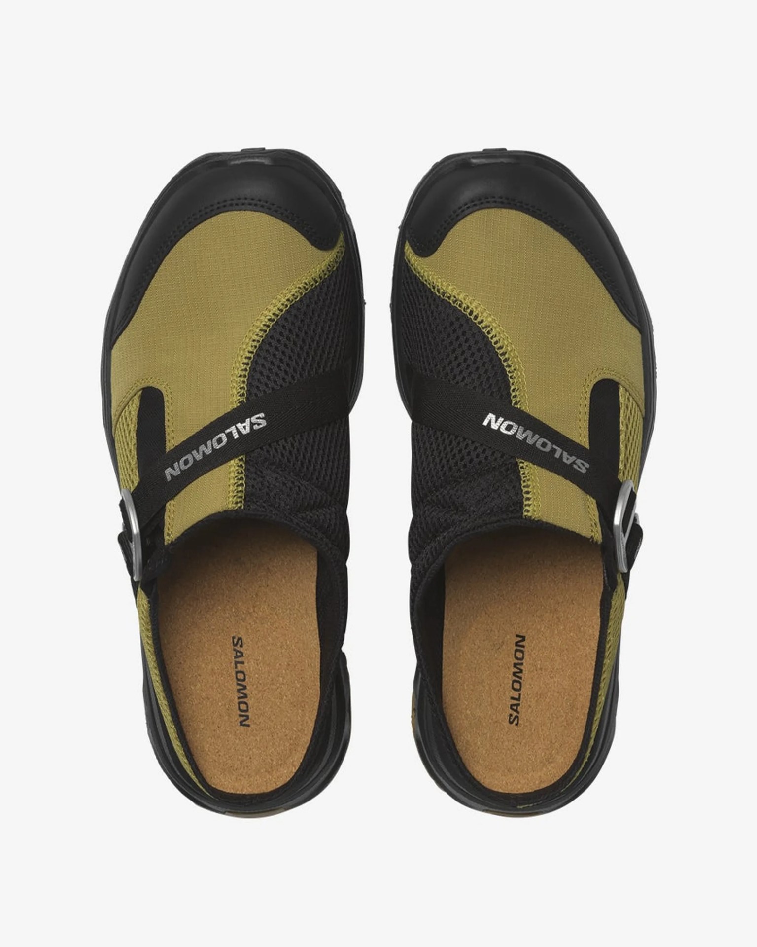 Pair of olive green and black Salomon slip-on shoes with mesh panels and adjustable straps, viewed from above.