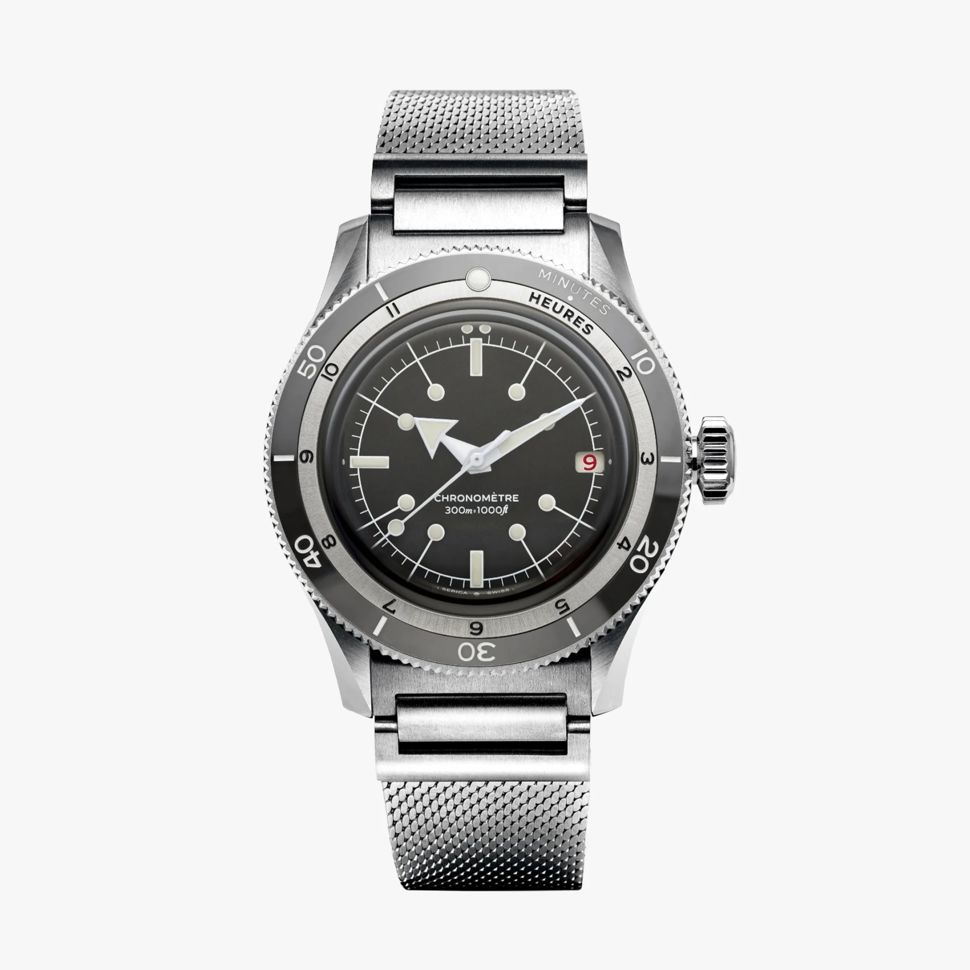Stainless steel dive watch with black dial, mesh bracelet, and rotating bezel marked for minutes and hours.