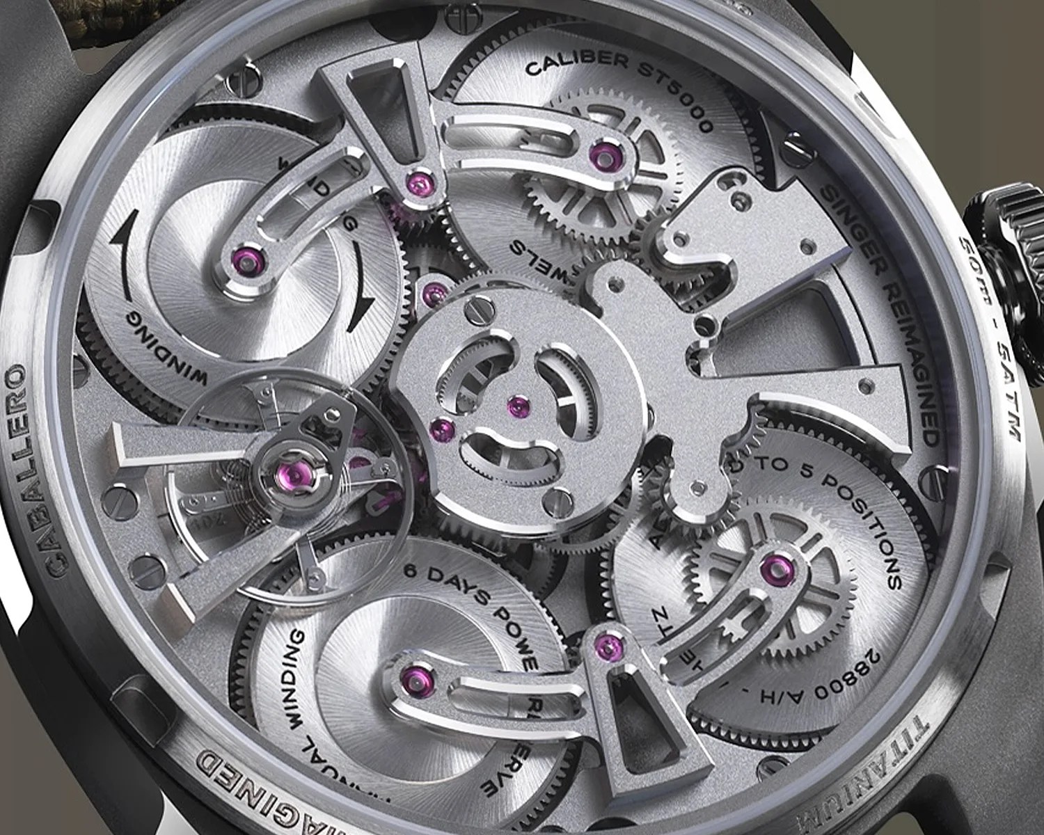 Close-up of a silver mechanical watch movement with visible gears, purple jewels, and engraved text on the titanium case back.