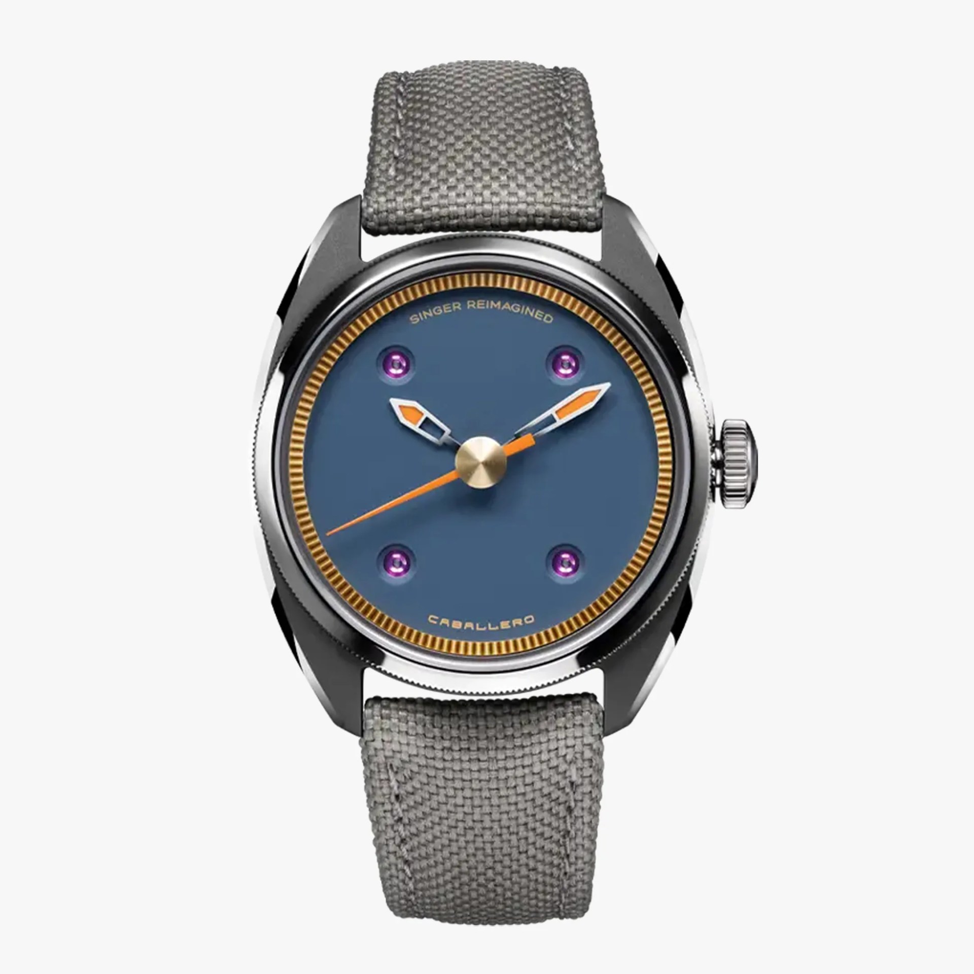 Round wristwatch with a blue dial, orange hands, purple markers, silver case, and gray woven strap.