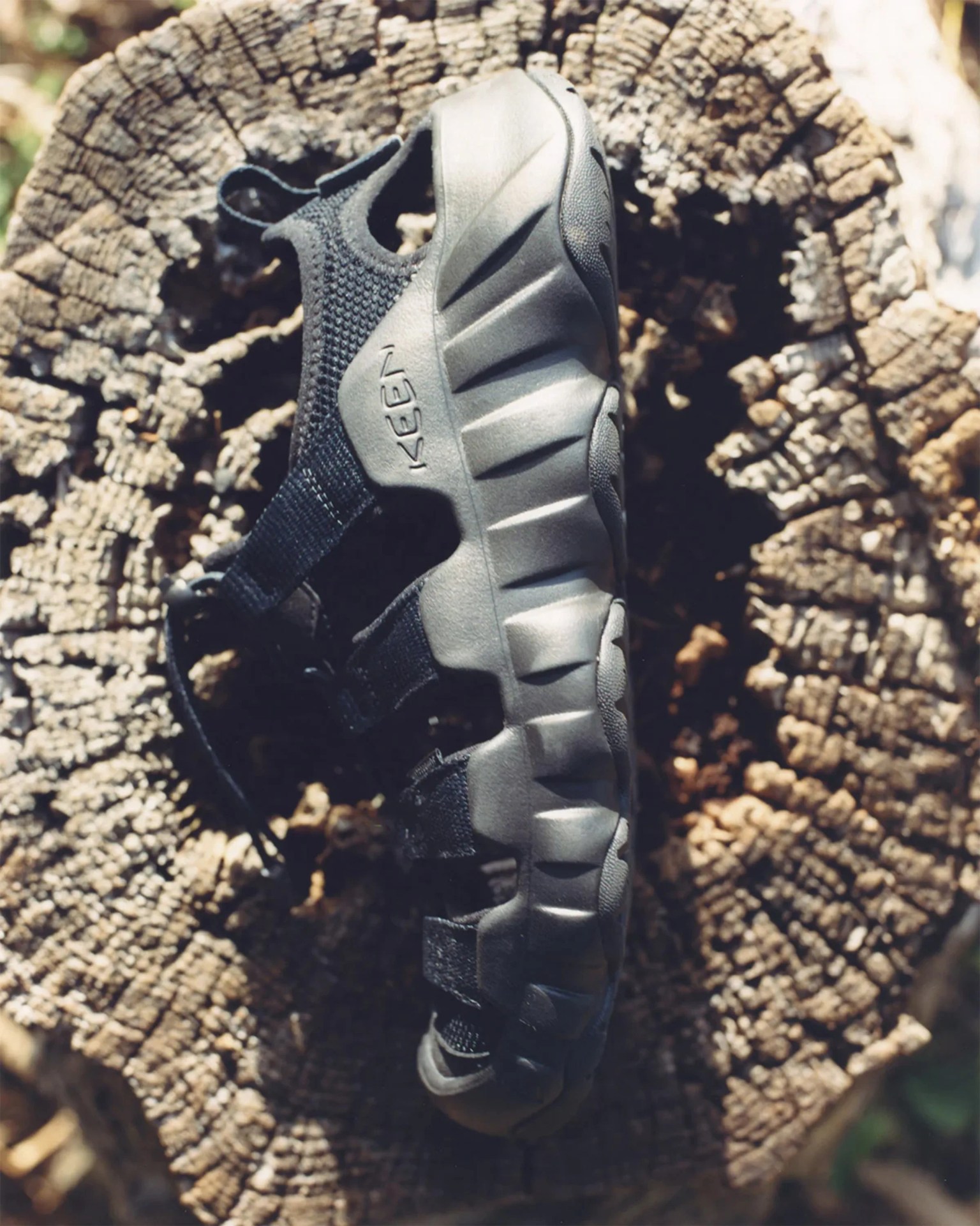 Black KEEN sandal with thick rugged sole on a tree stump outdoors.