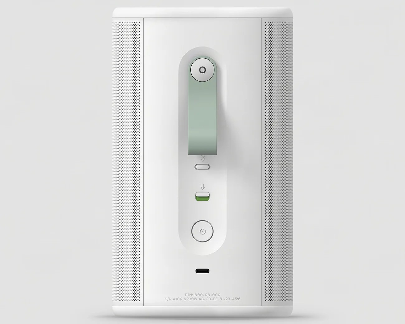 White cylindrical smart speaker with perforated side panels, a green strap, and control buttons on the front.