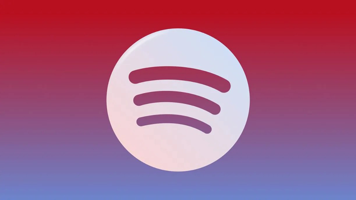 White circular Spotify logo with three curved horizontal bars on a red to blue gradient background.
