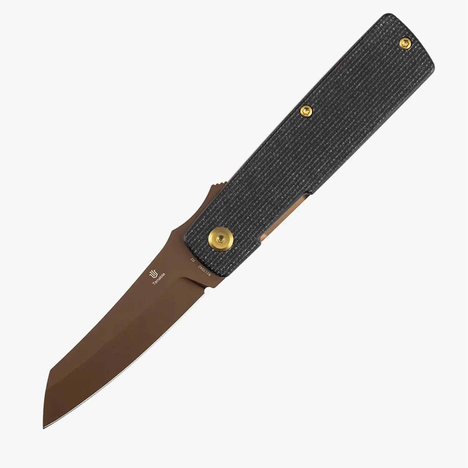 Folding knife with a brown blade and textured black handle secured by gold screws.