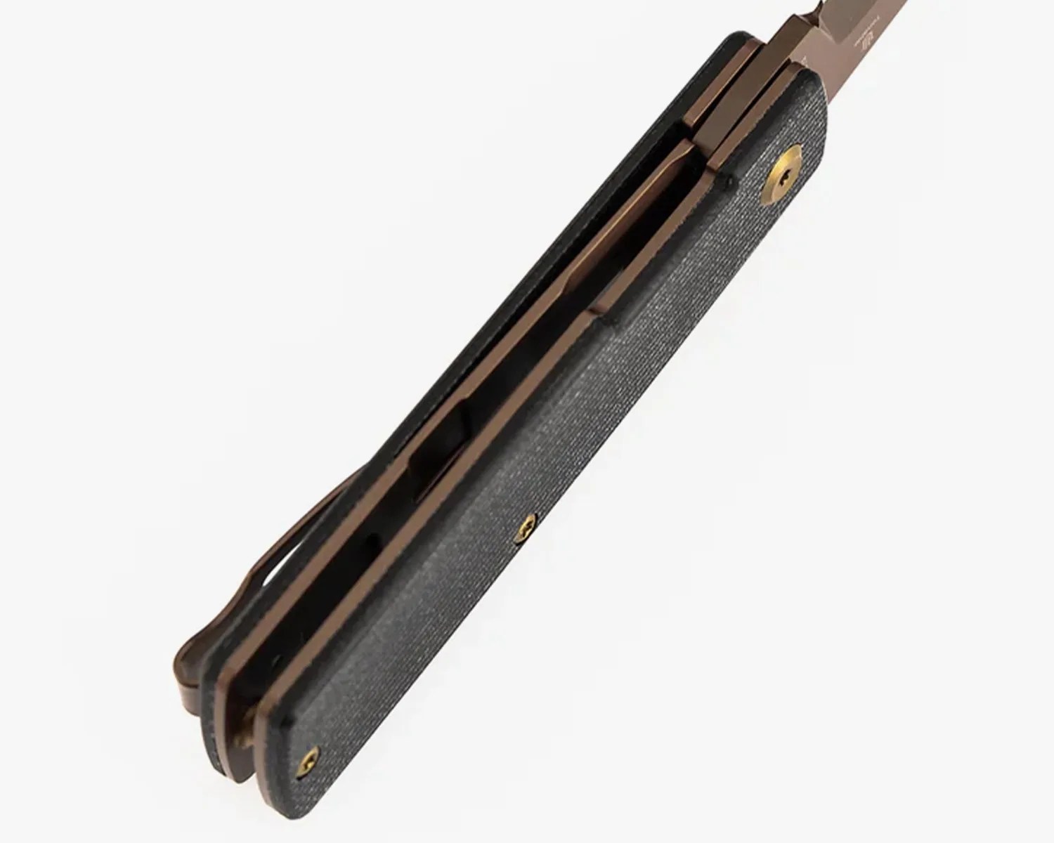 Folding knife with black textured handle and bronze-colored metal components on a white background.