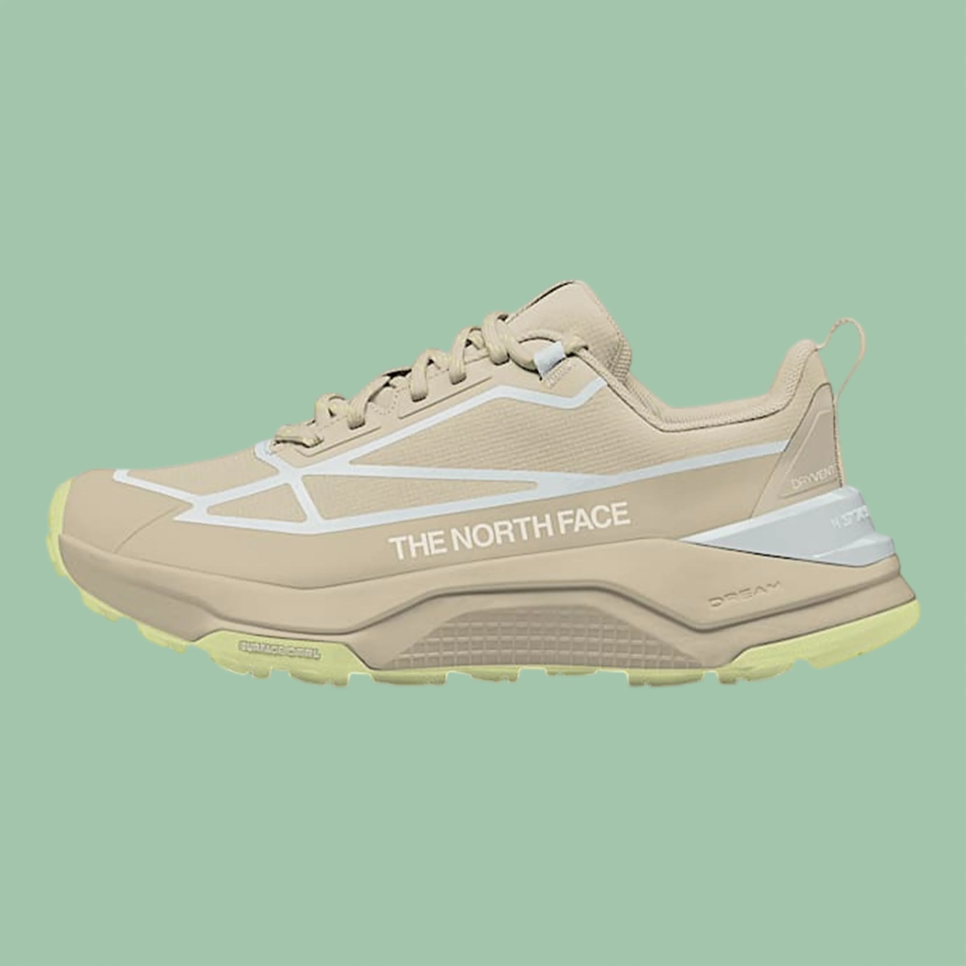Beige and light yellow trail running shoe with white geometric accents and "The North Face" logo on the side.