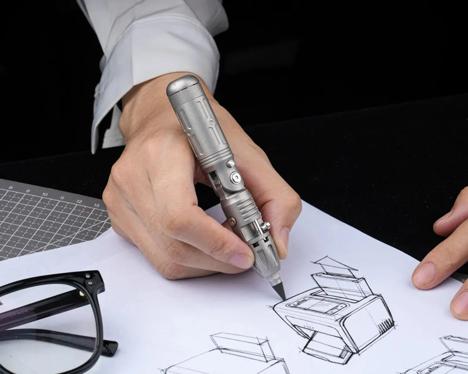 Hand holding a silver mechanical pencil sketching a 3D box design on white paper next to black eyeglasses.