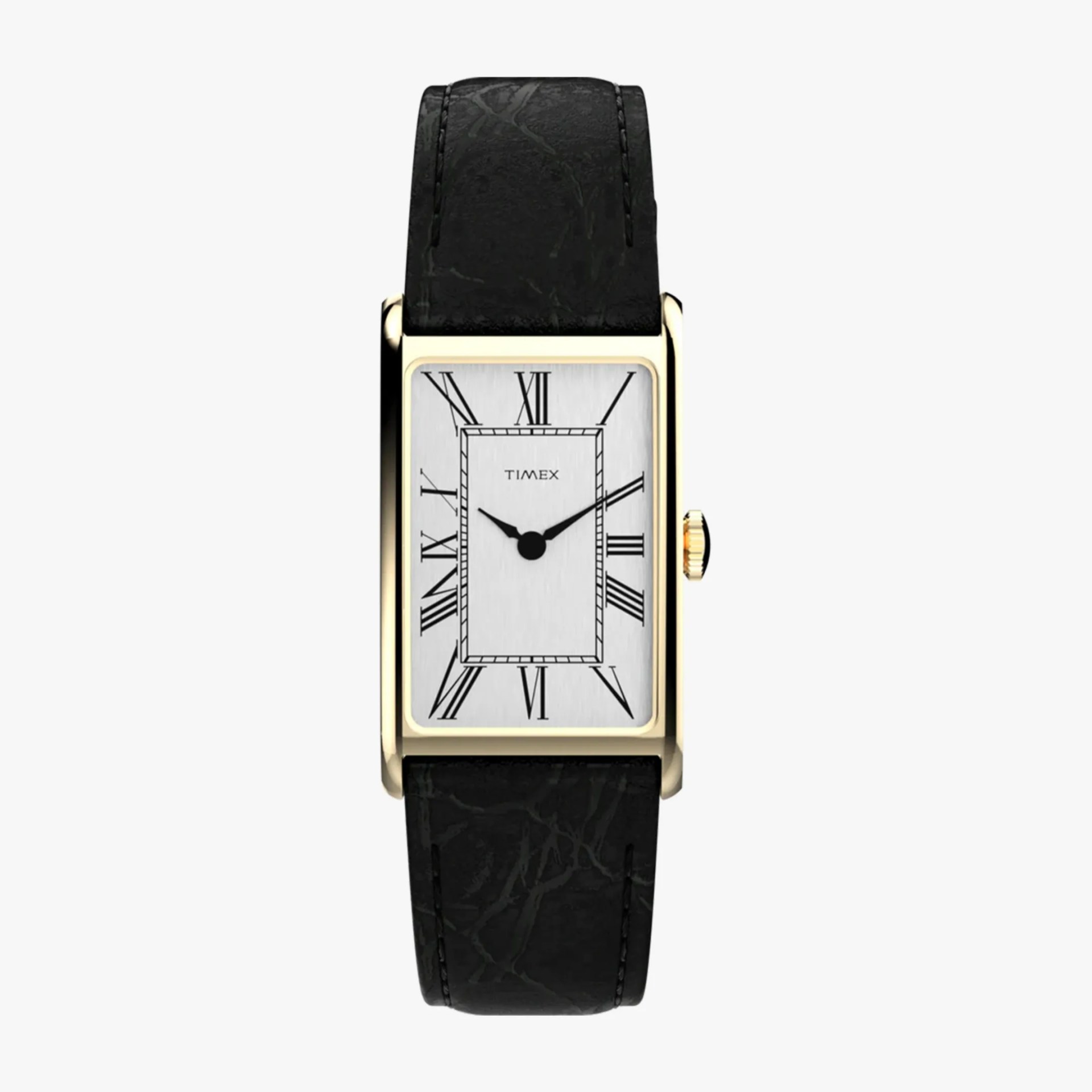 Rectangular gold-tone Timex watch with black Roman numerals and black leather strap.