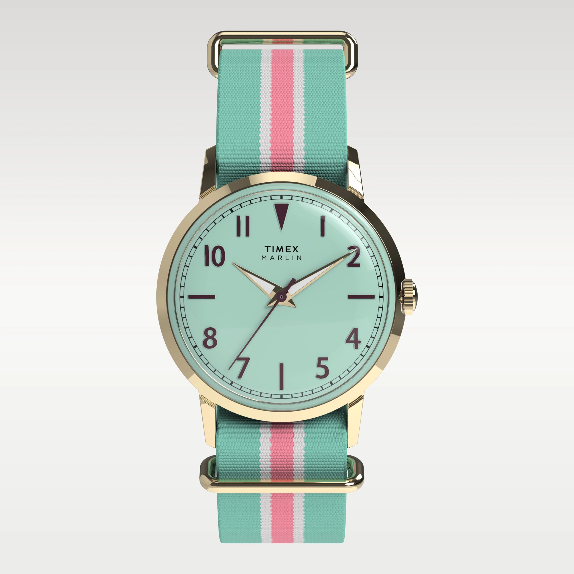 Gold-tone Timex Marlin watch with mint green dial and striped fabric strap in mint, pink, and white.
