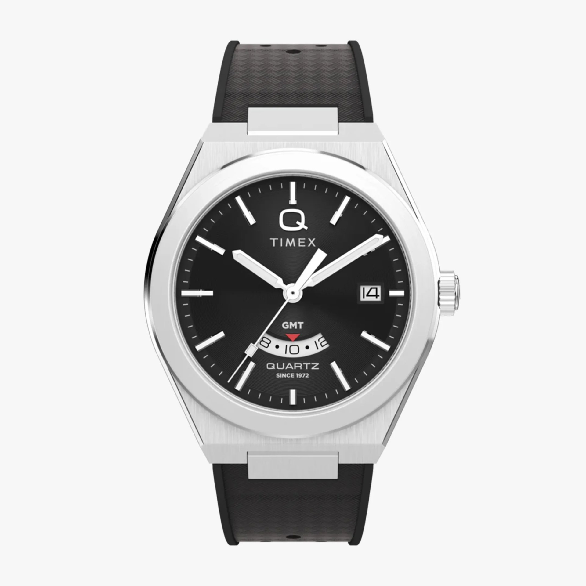 Silver Timex Q Quartz watch with black dial, white markers, date window, and black textured strap.