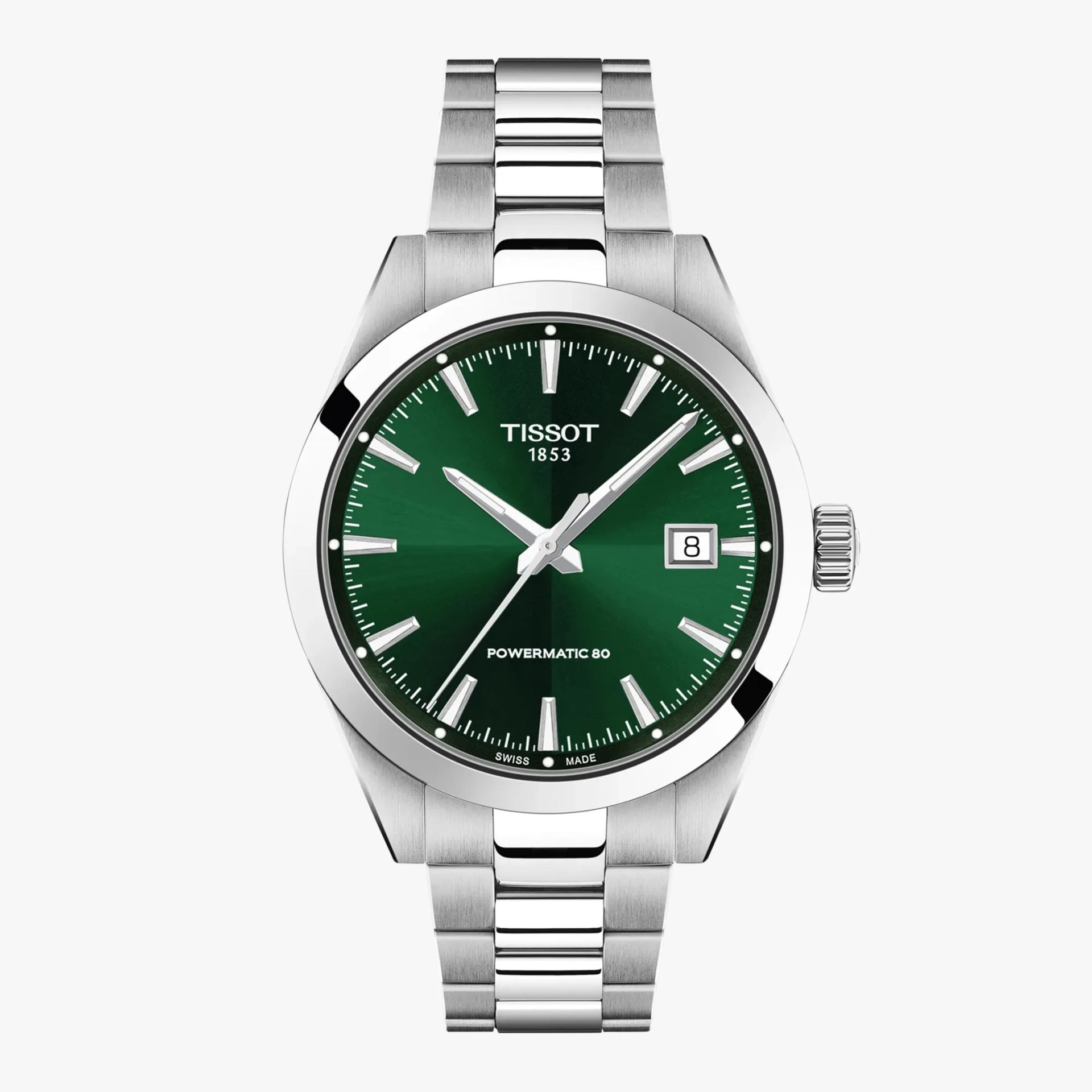Silver stainless steel Tissot wristwatch with green dial, silver hour markers, and date display at 3 o'clock.
