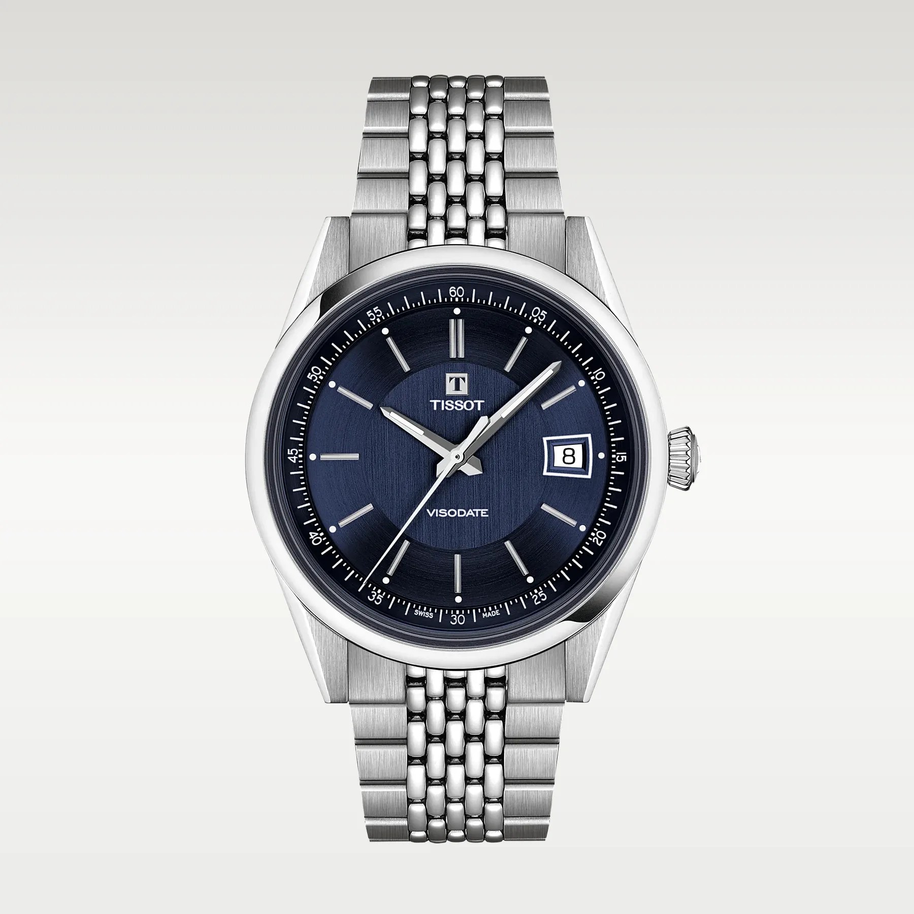 Silver stainless steel Tissot Visodate wristwatch with a blue dial and date display at 3 o'clock.