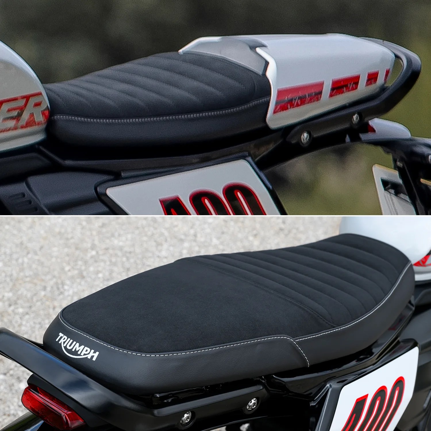 Two close-up images of black motorcycle seats with horizontal stitching, one with a white "TRIUMPH" logo on the rear.
