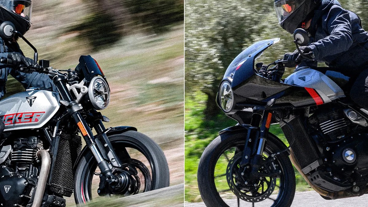 Two motorcycles in motion, one with a silver tank and red "TRACKER" text, the other with a black and silver fairing with a red stripe, both ridden by people wearing helmets and dark gear.