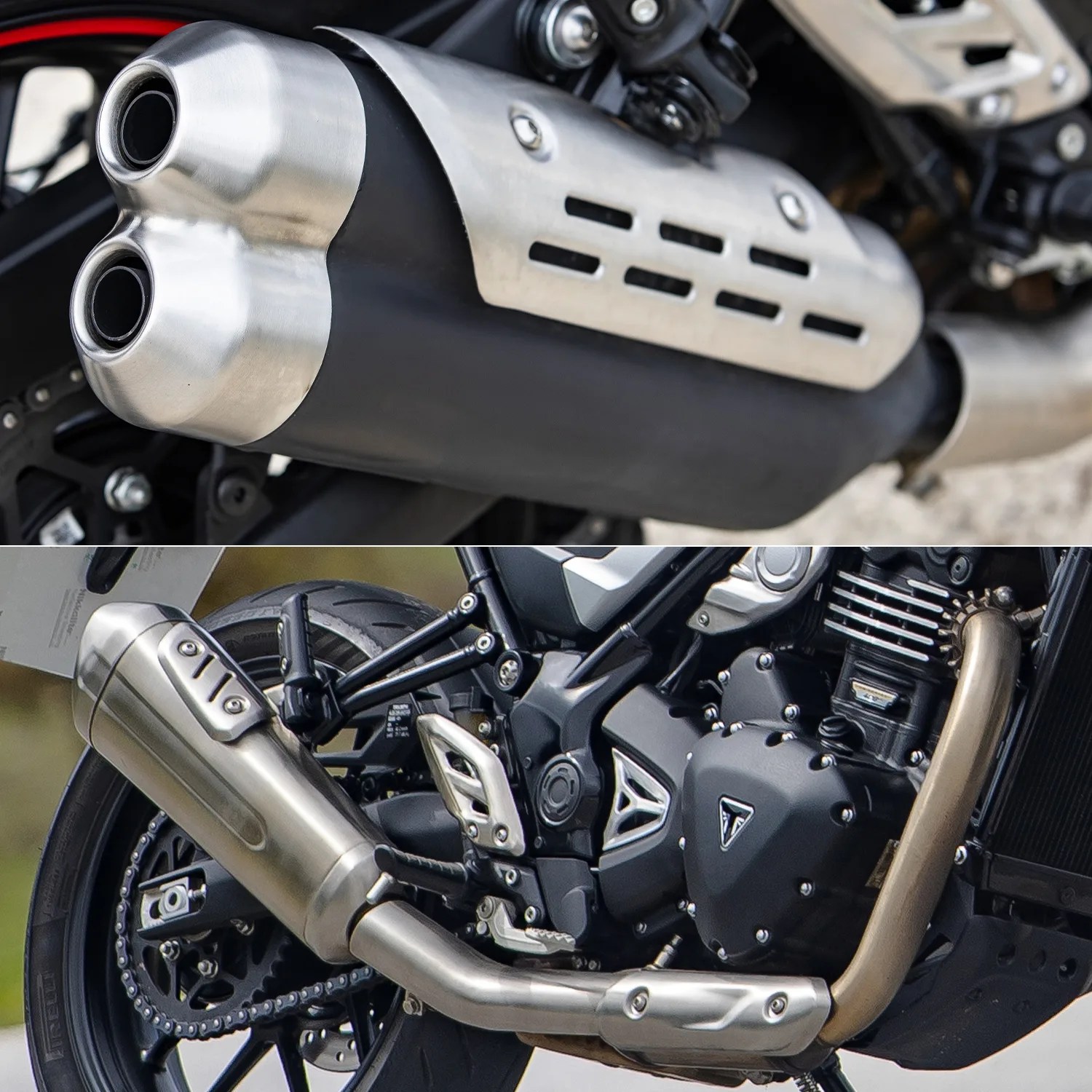 Close-up of a dual exhaust pipe with heat shield and a side view of a motorcycle's engine and exhaust system.