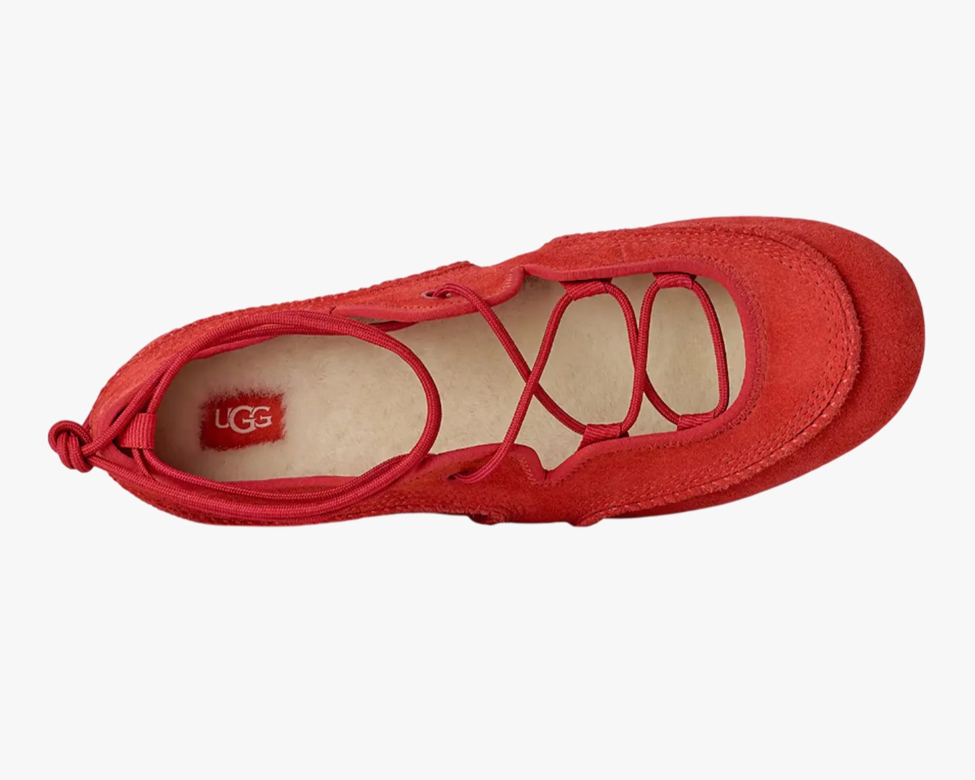 Red suede UGG ballet flat with crisscross elastic straps and beige cushioned insole.