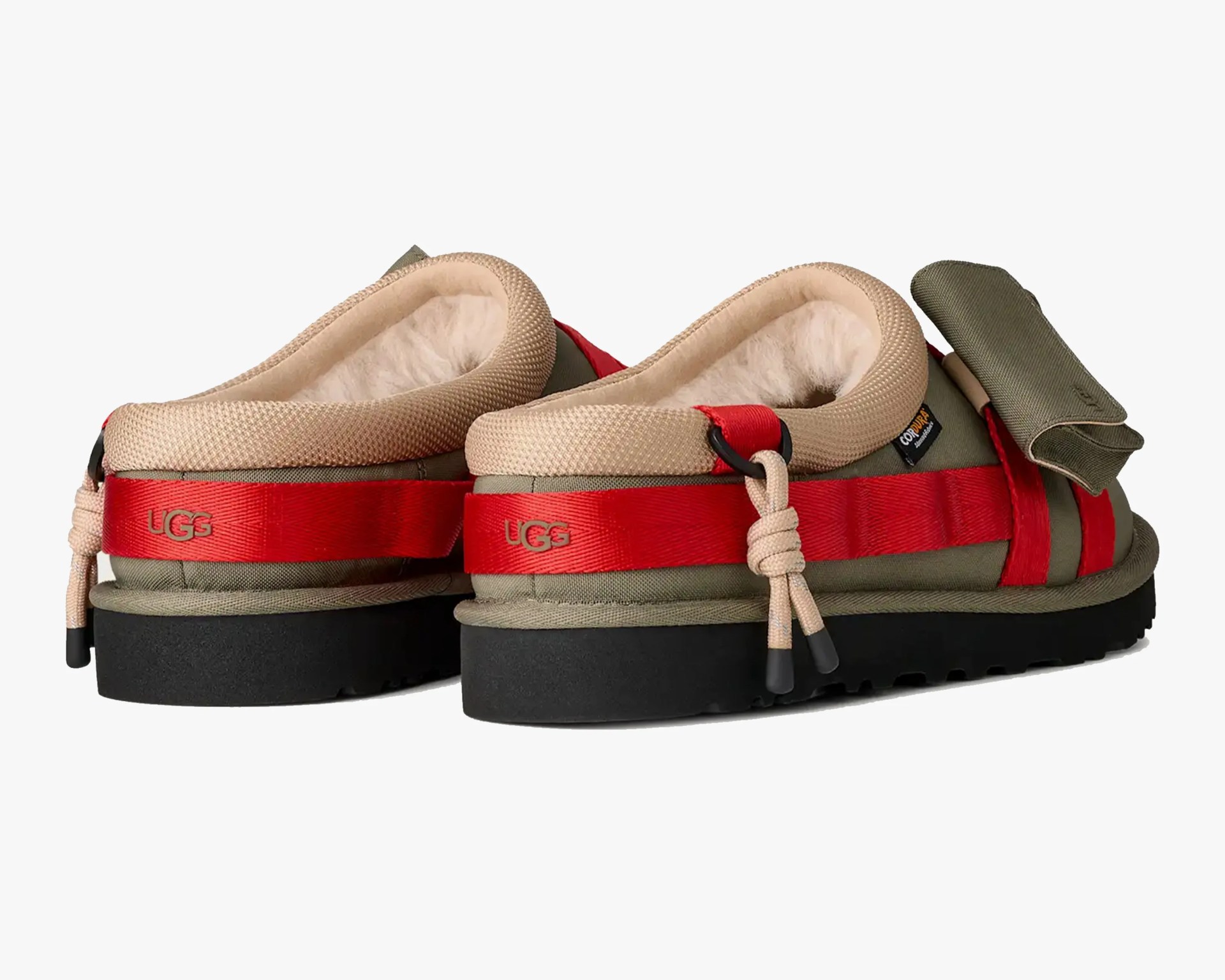 Pair of olive green UGG slip-on shoes with red straps, beige padded collars, and black soles.