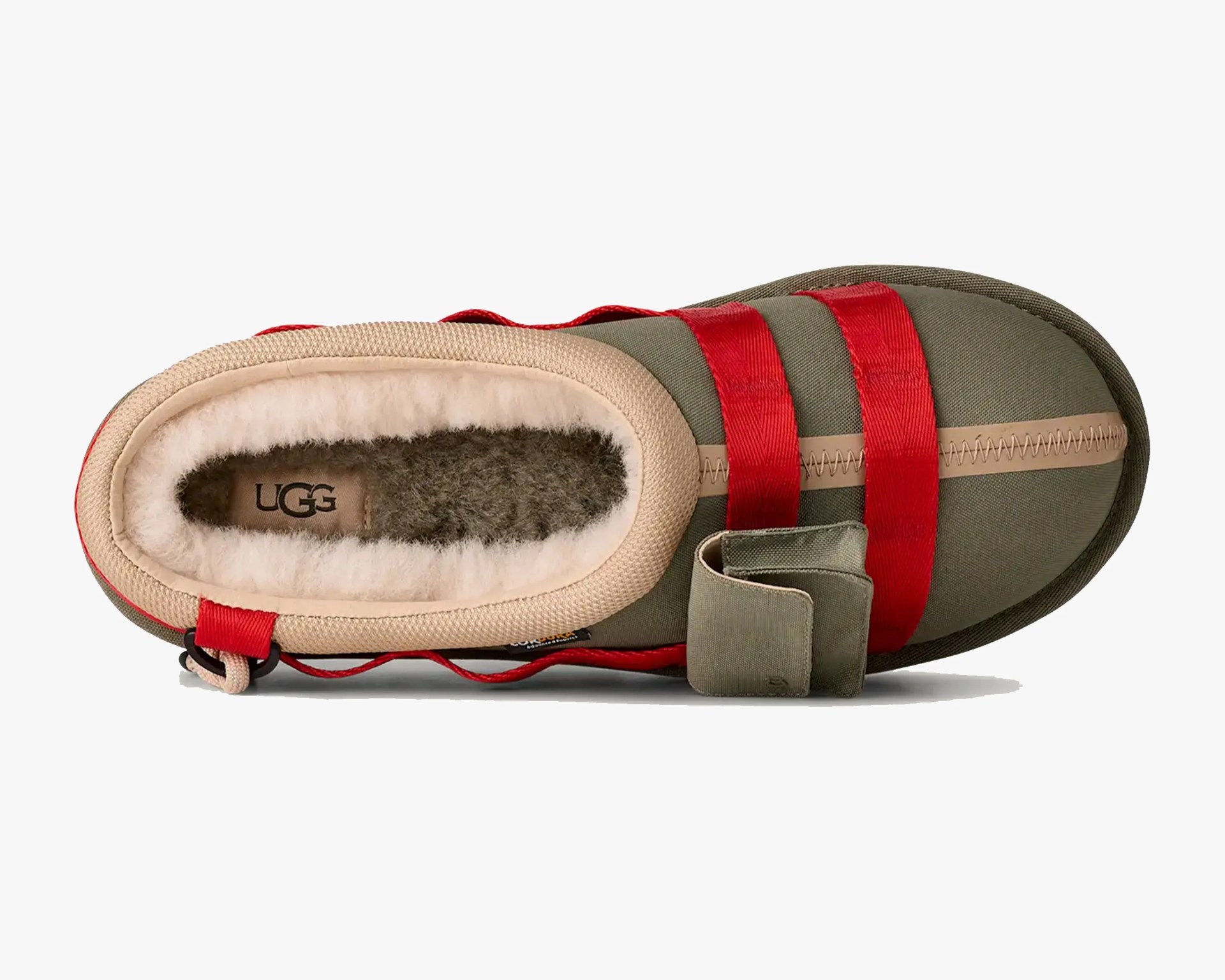 Top view of an olive green UGG slipper with red straps and beige fleece lining.