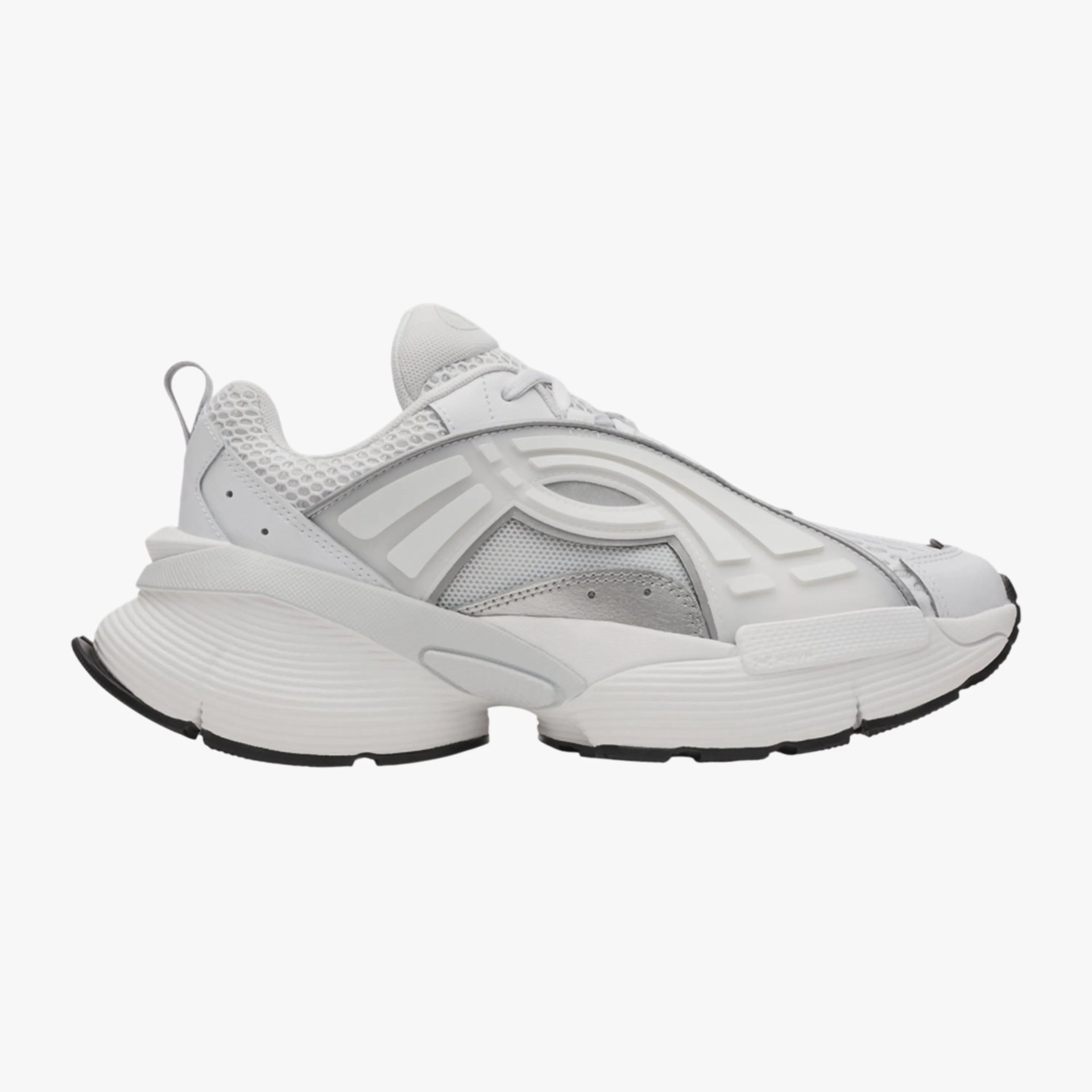 White and light gray athletic sneaker with a chunky sole and mesh upper.
