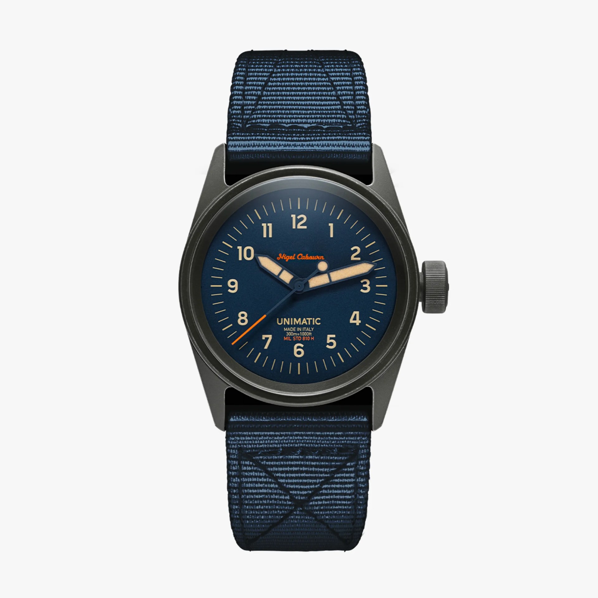 Black metal wristwatch with a blue dial, beige hands, orange second hand, and blue fabric strap.