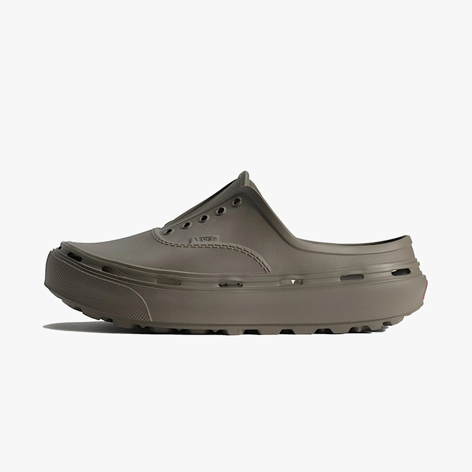 Olive-green slip-on clog with ventilation holes and thick textured sole.
