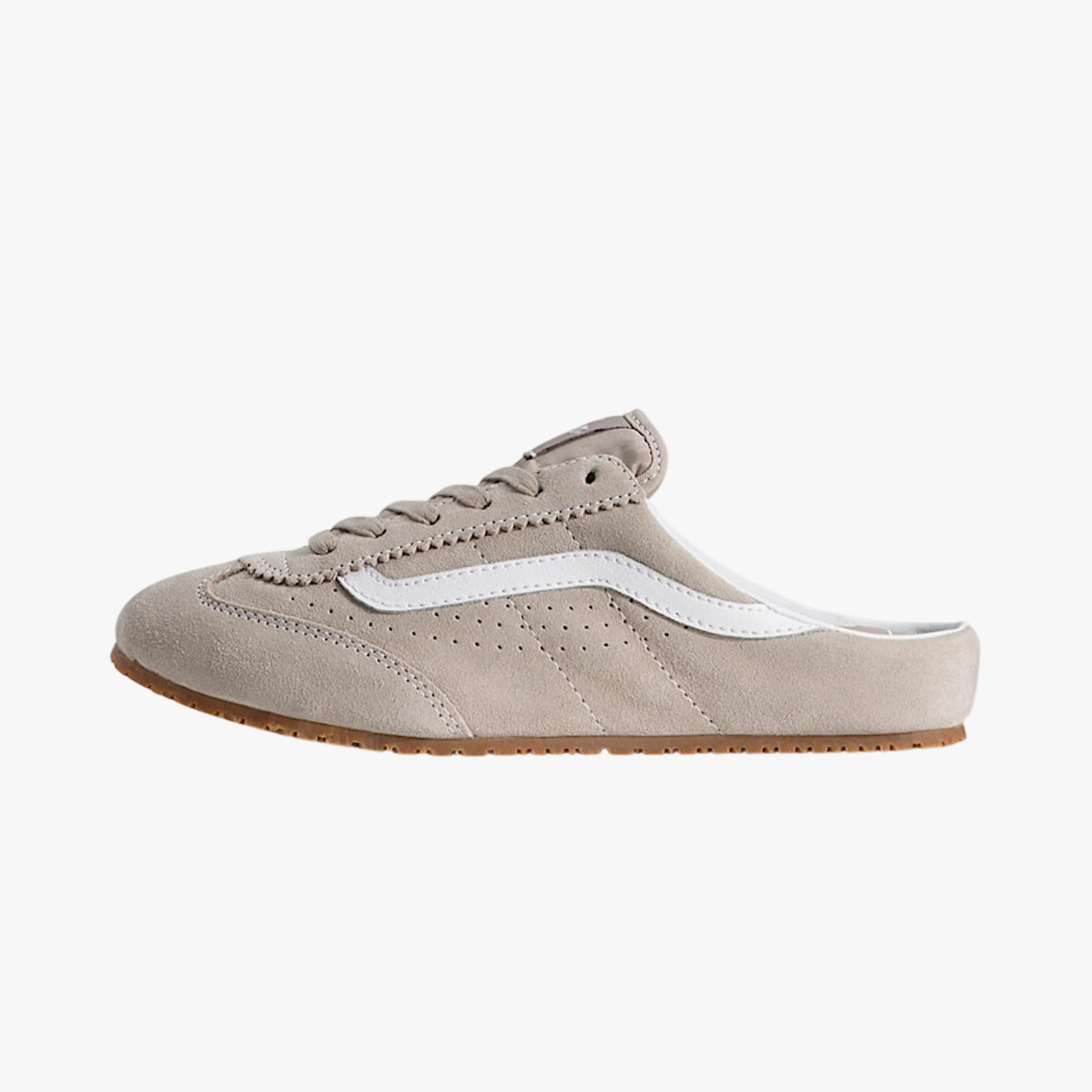 Beige suede slip-on sneaker with white side stripe and gum sole, viewed from the side.