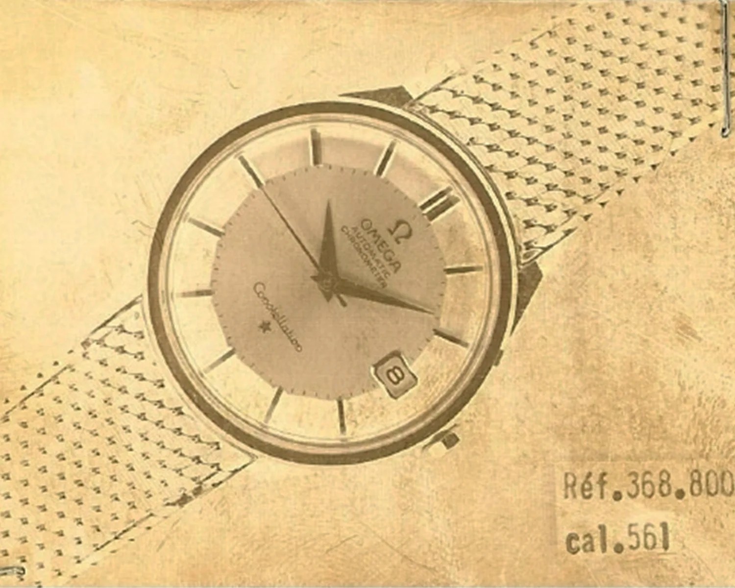 Vintage Omega Constellation wristwatch with mesh band and date display, shown in sepia tone.