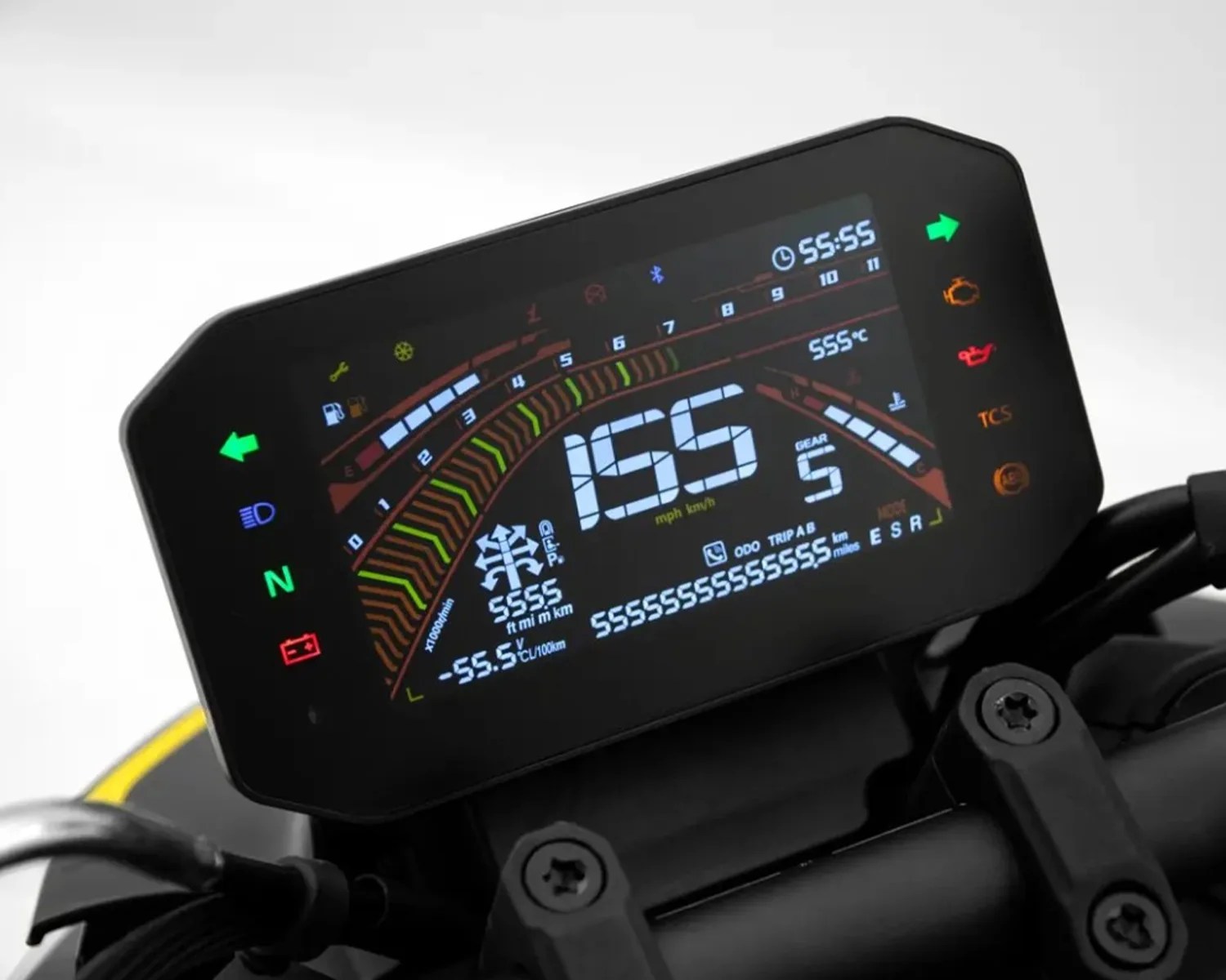 Motorcycle digital dashboard display showing speed, gear, and various indicator lights.