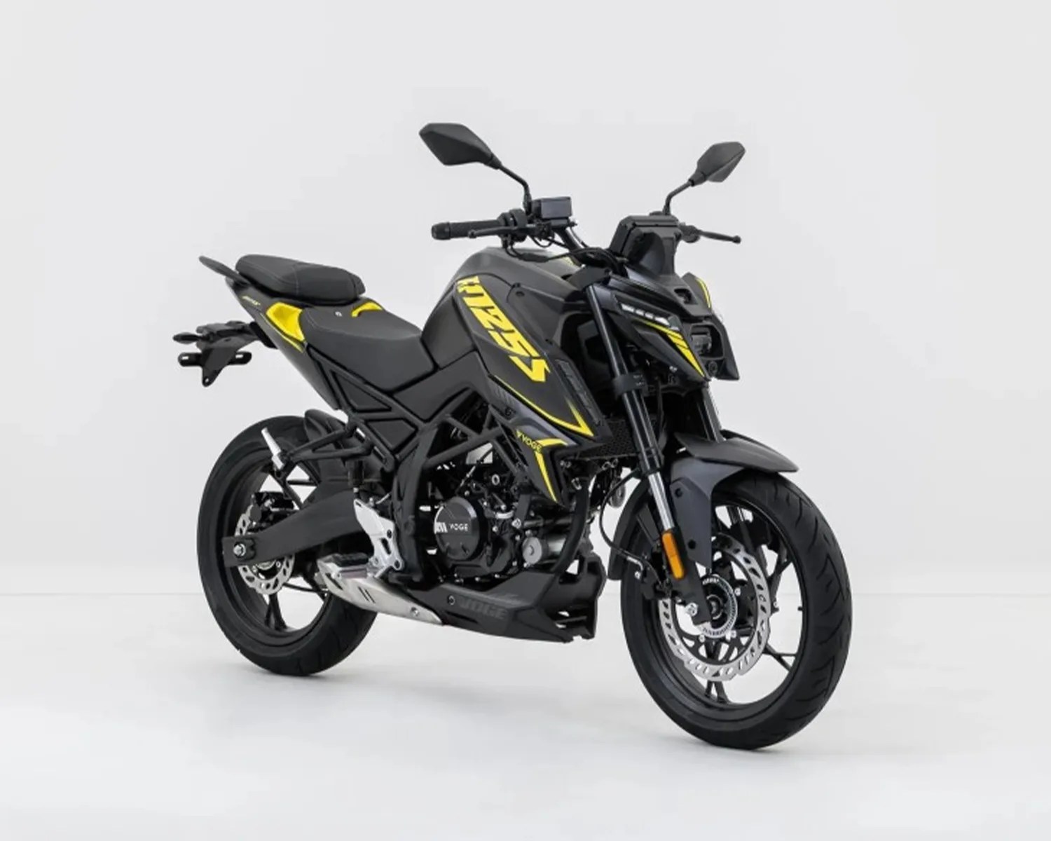 Black and yellow sport motorcycle with angular design and disc brakes on front and rear wheels.