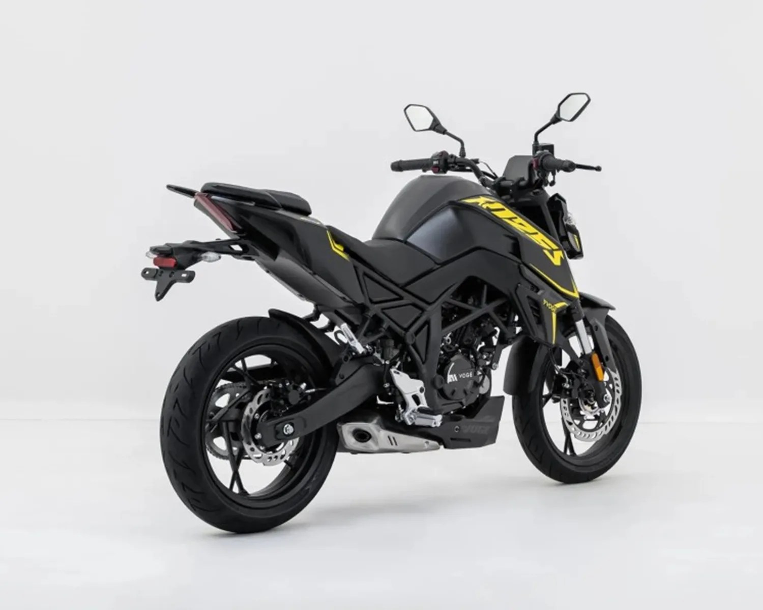 Black and yellow sport motorcycle with angular design and dual rearview mirrors on a white background.