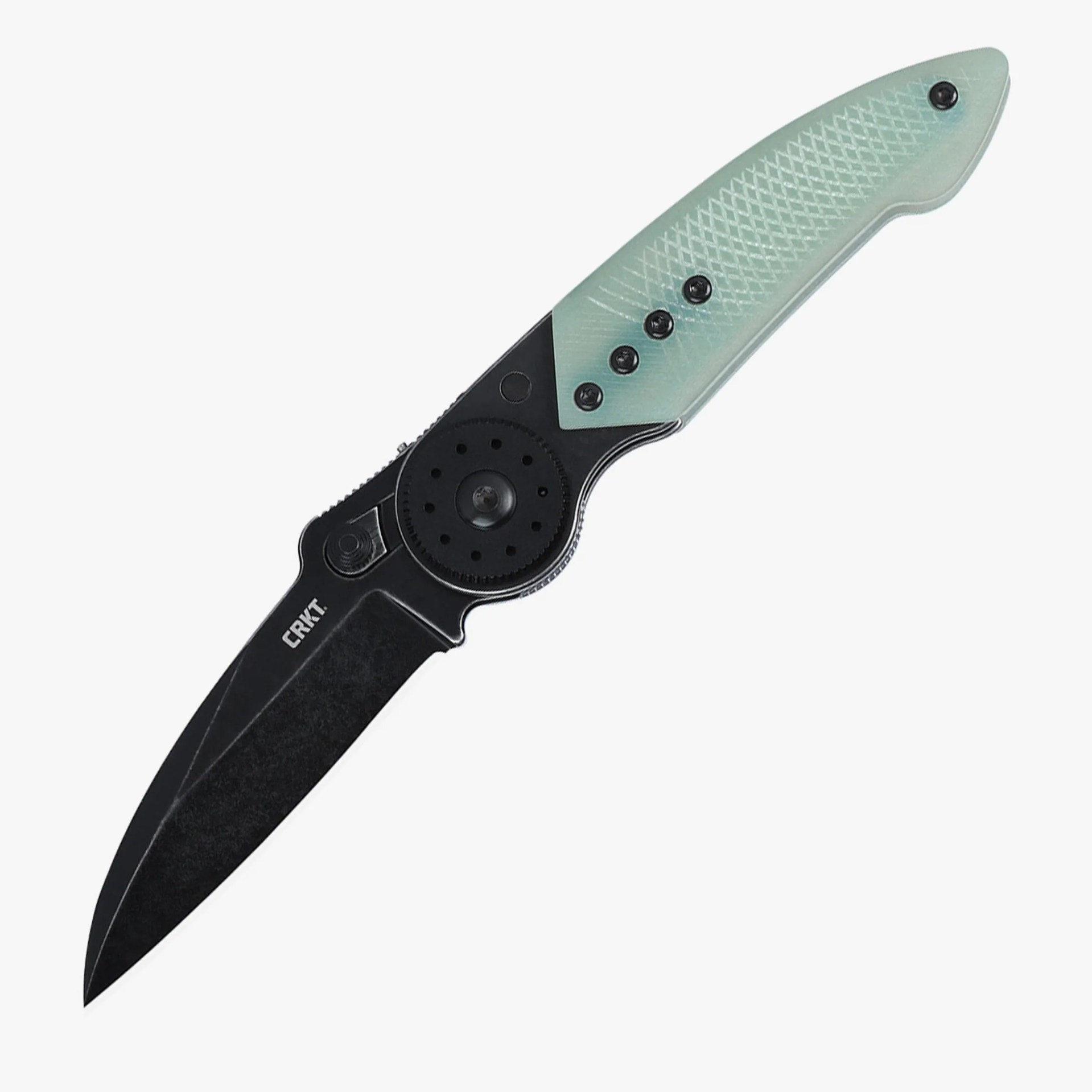 Folding knife with black blade and textured light green handle with black screws.