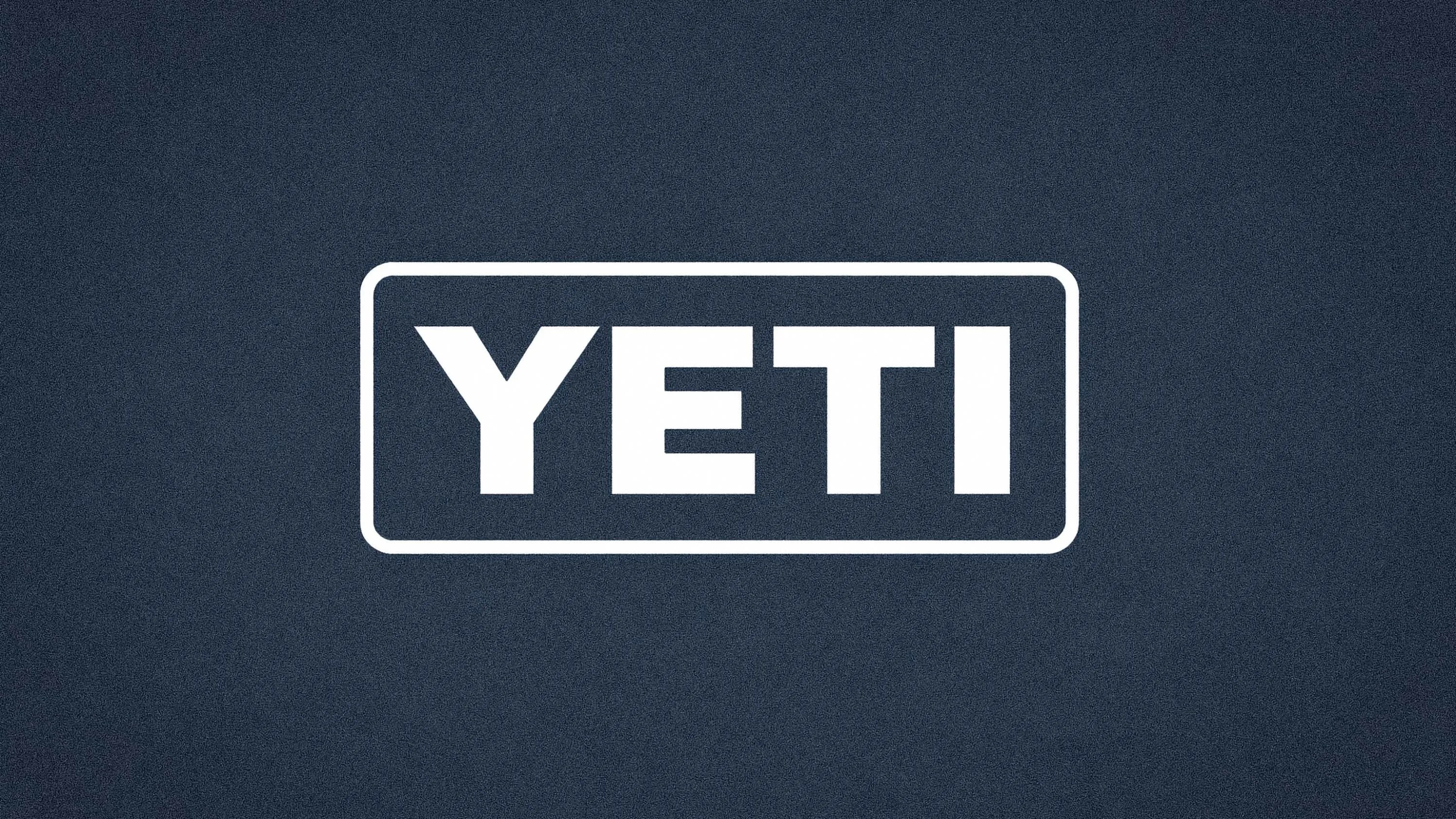 White YETI logo inside a rounded rectangle on a dark blue textured background.