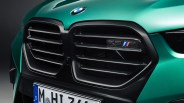 Close-up of a green BMW X5 M front grille with black kidney grills and a European license plate.