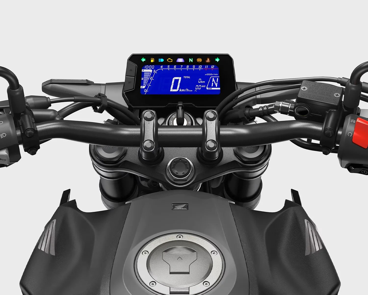 Motorcycle handlebar with digital dashboard displaying speed, gear, and indicator lights, above a gray fuel tank.