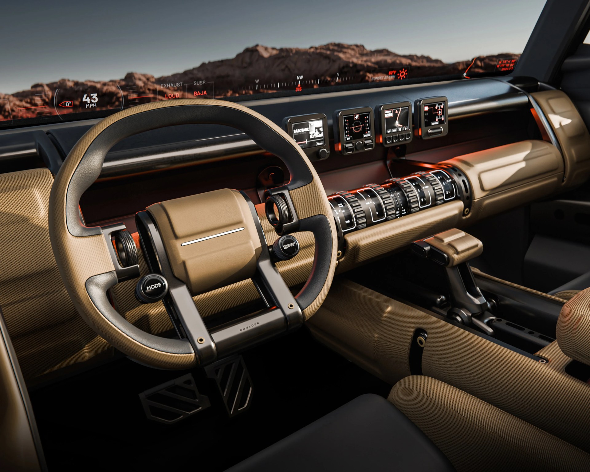 Tan and black futuristic steering wheel and dashboard with digital displays and multiple control dials inside a vehicle.