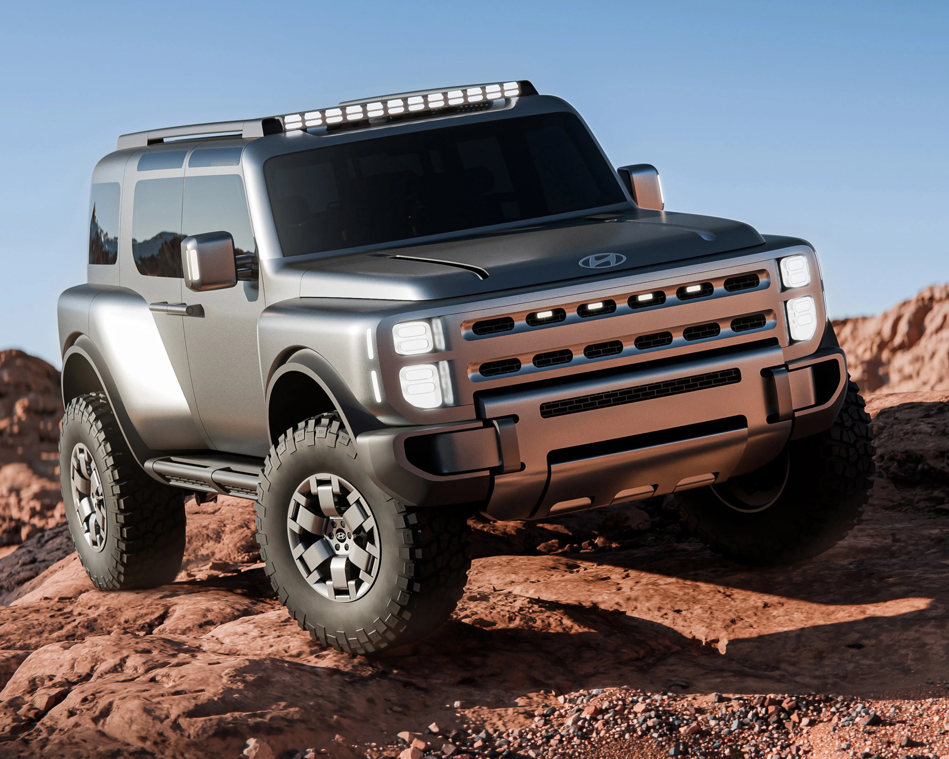 Silver Hyundai off-road SUV with LED light bar on roof driving on rocky terrain.