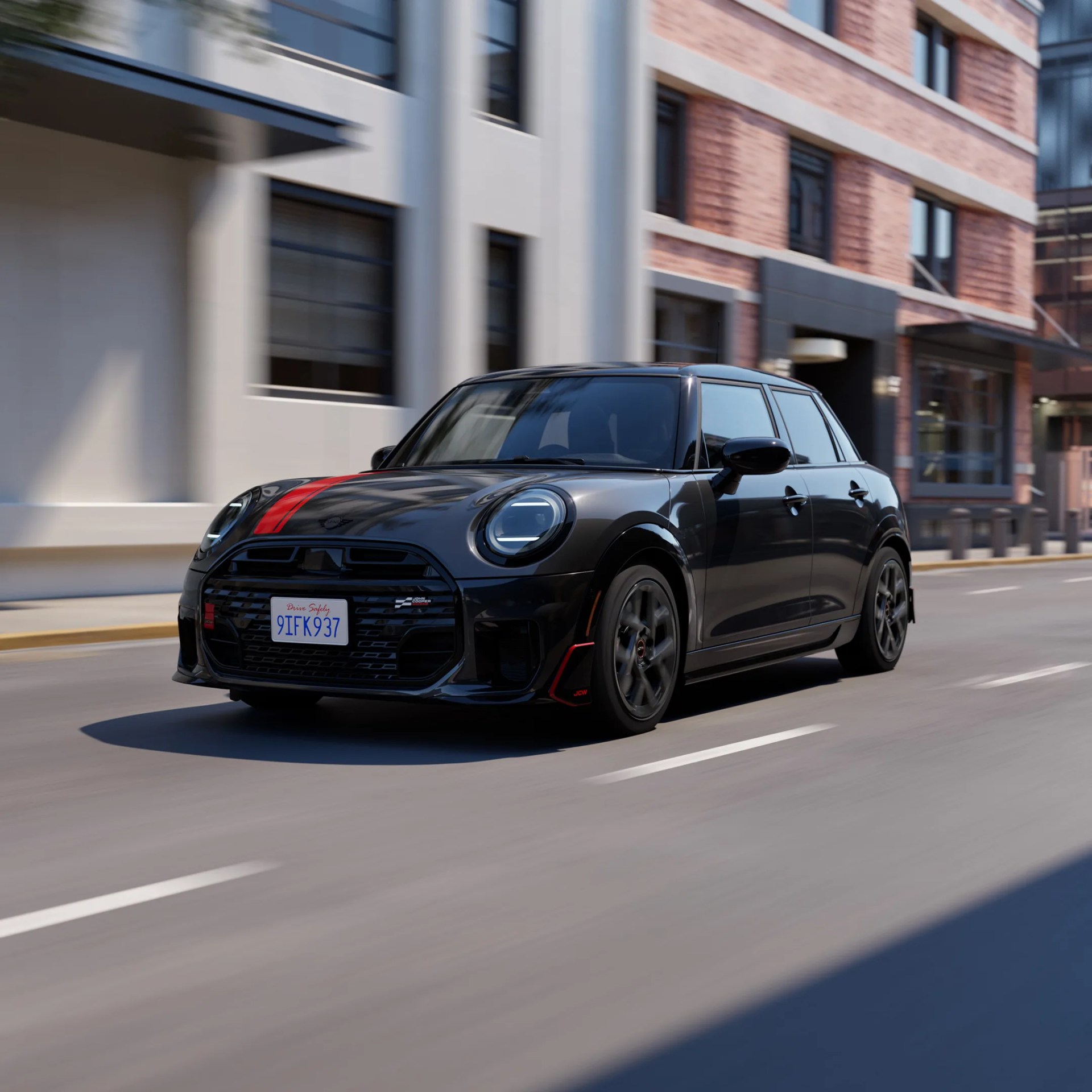 Black Mini Cooper with red racing stripe on the hood driving on a city street.