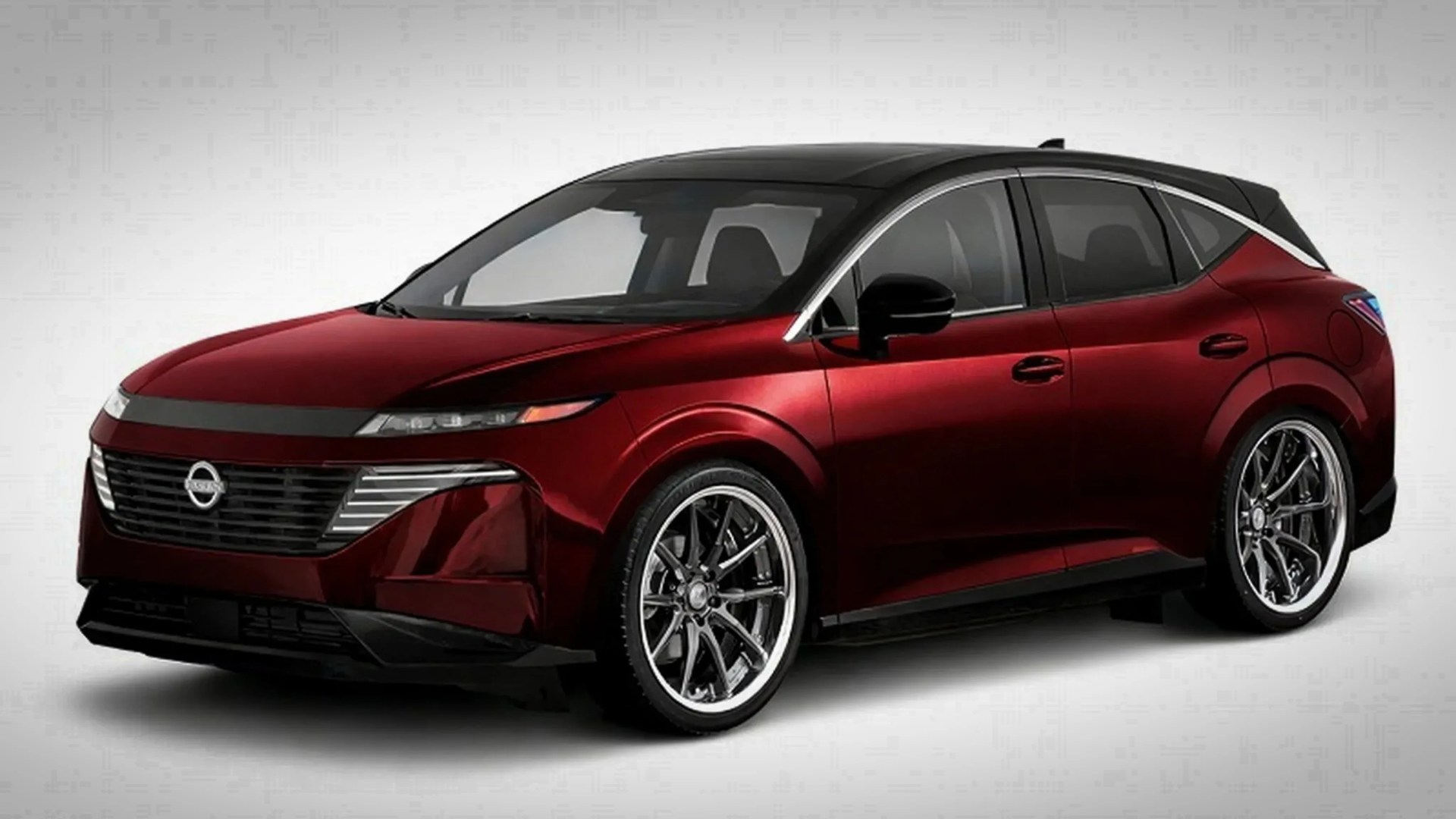 Shiny dark red Nissan electric SUV with black roof and chrome multi-spoke wheels on a white background.