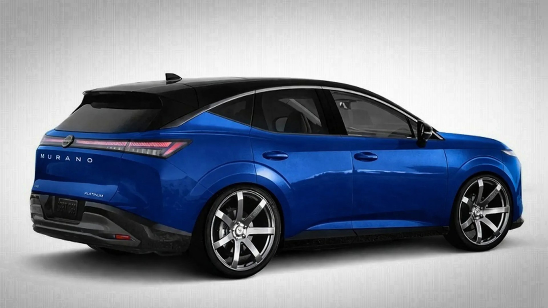 Blue Nissan Murano Platinum SUV with black roof and large silver alloy wheels, shown from rear side.